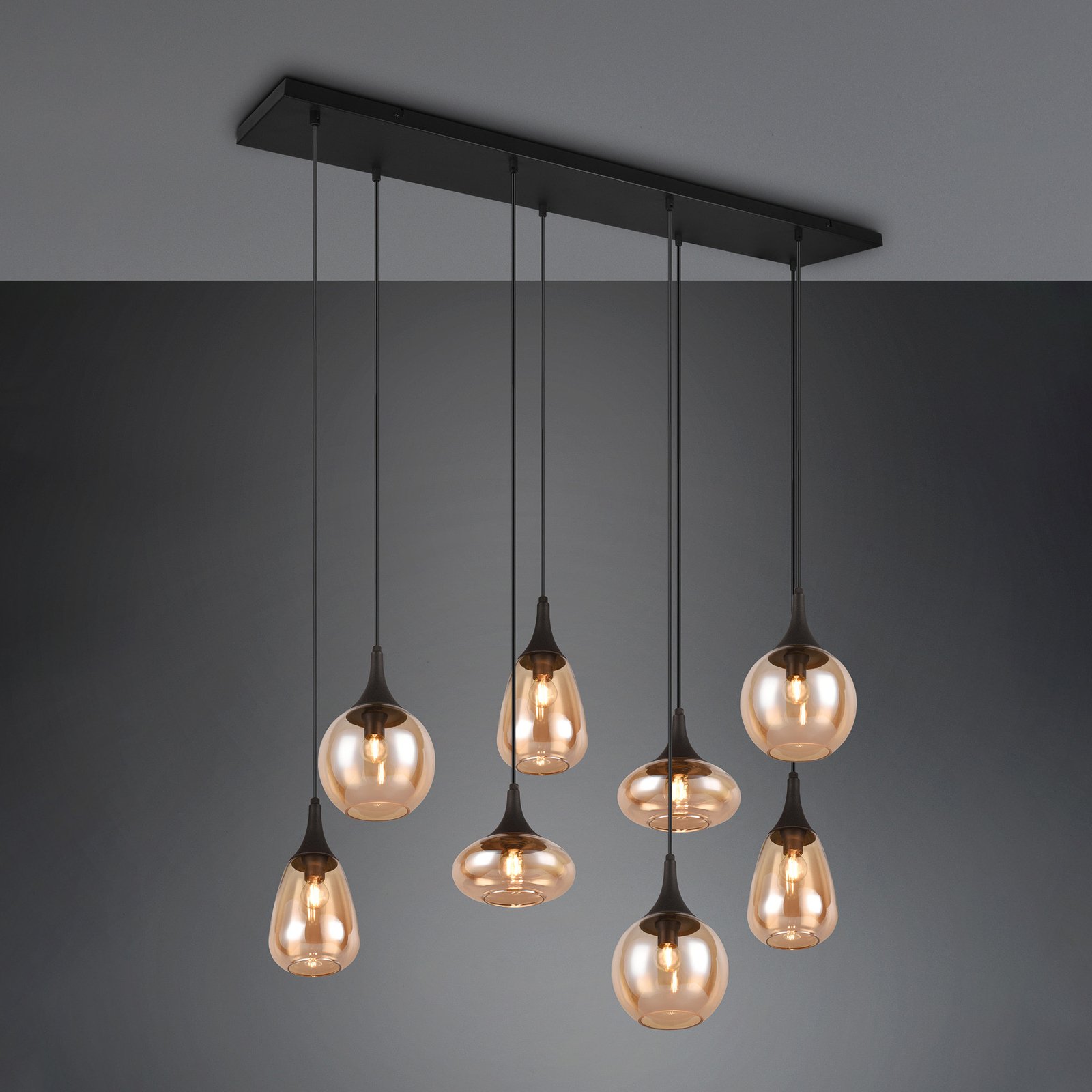 LUMINA pendant light, 8-bulb, black/amber, glass