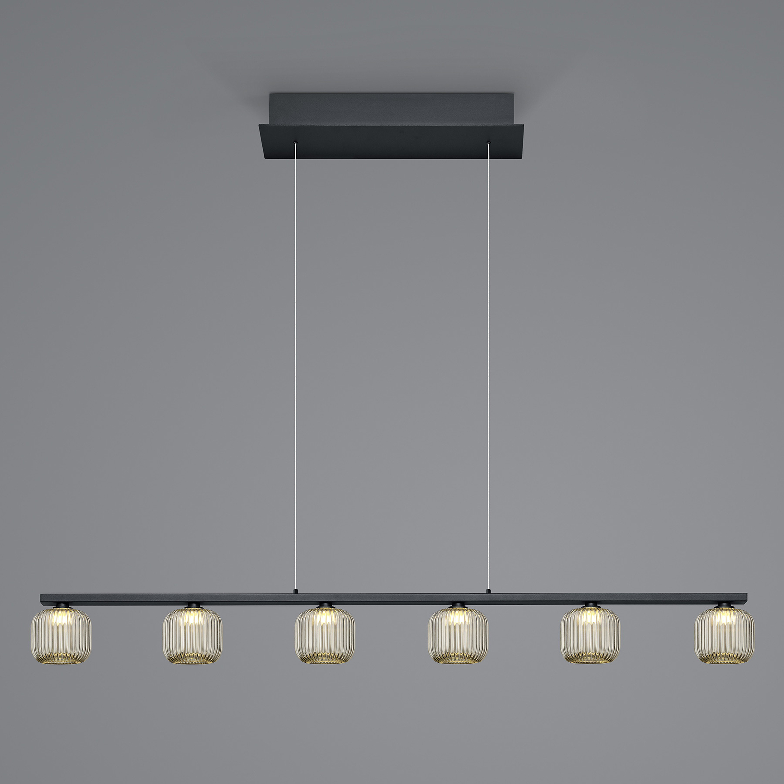 Loft LED-pendel med røykfarget glass, seks lamper