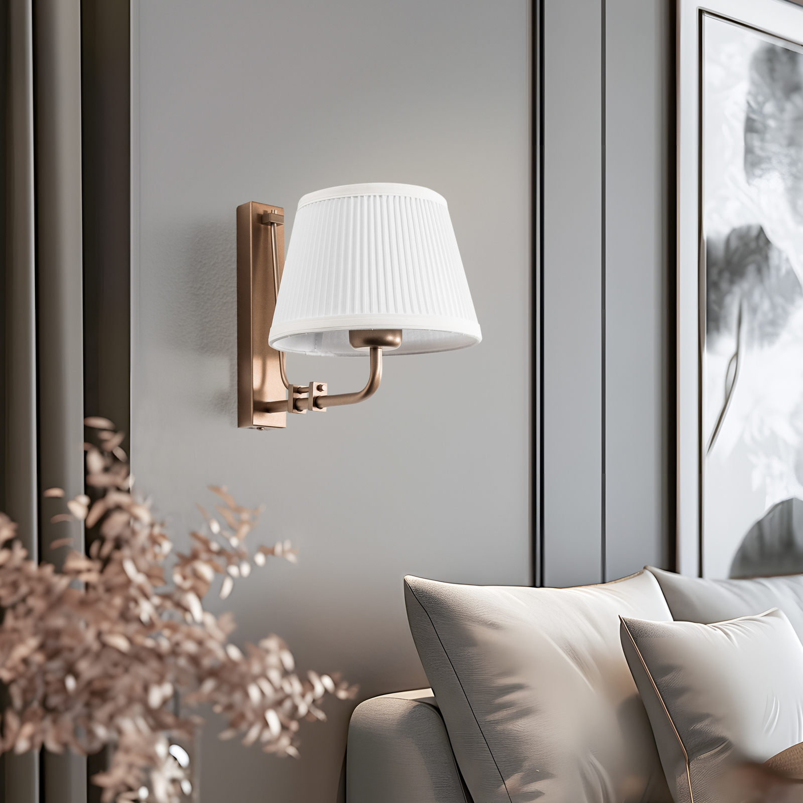 Wandlamp Atro, oud goud met witte kap