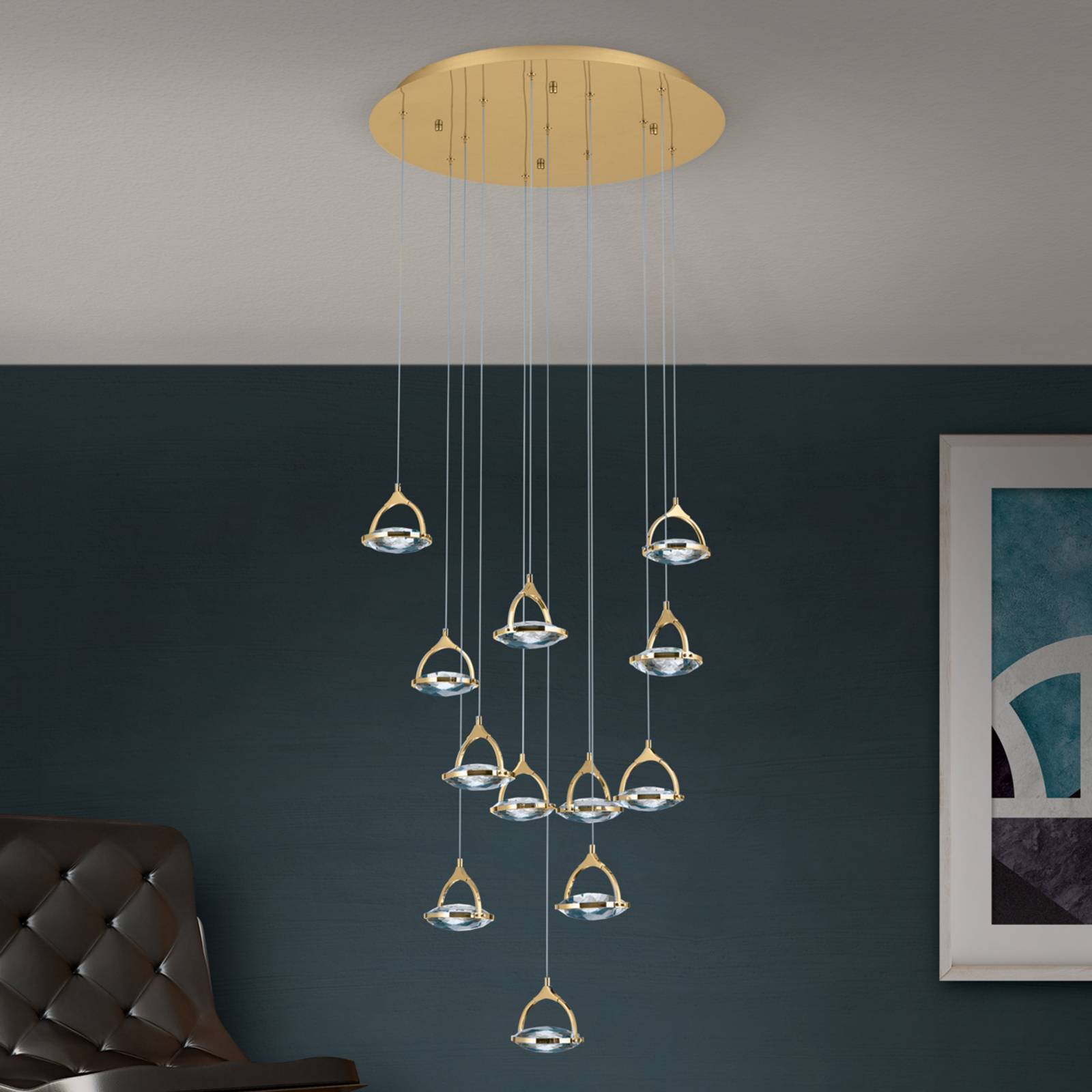 Orion Suspension LED Moon cristal K9 12 lampes dorée