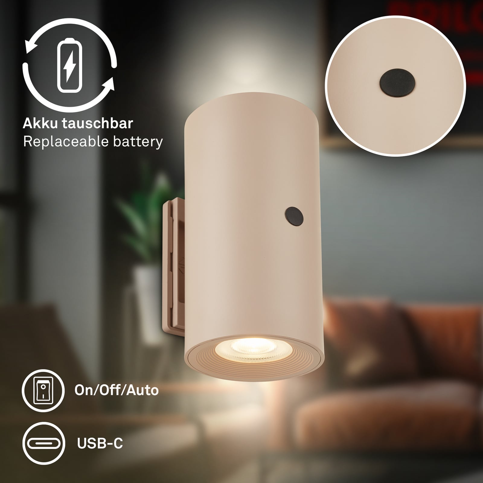 Isy LED zidna svjetiljka na baterije, bež, plastika, 3000 K