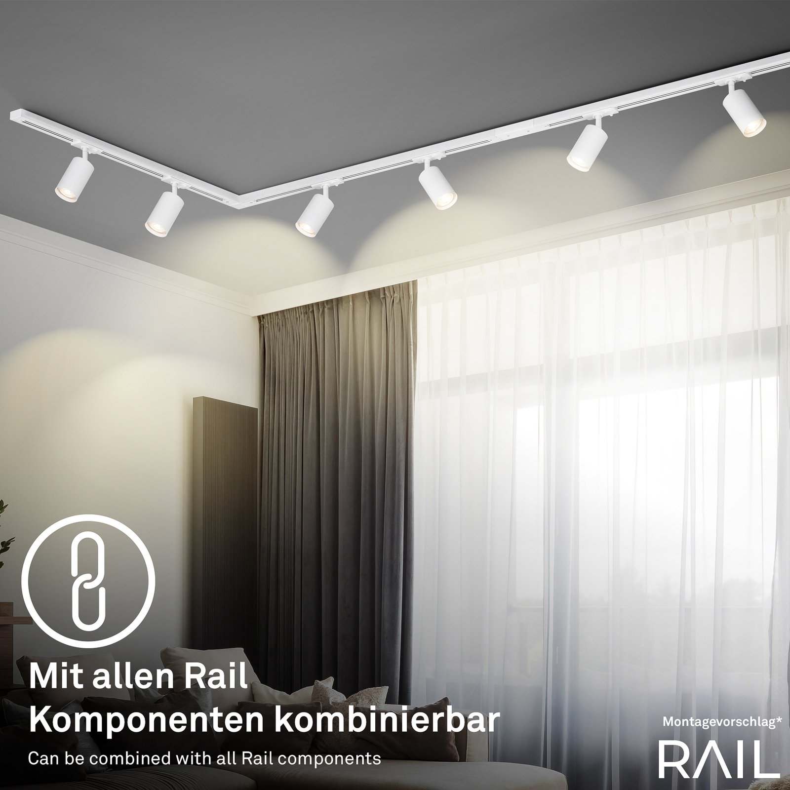 HV-LED track lighting system Rail, pendant, white, 4-bulb, length 1.5 m