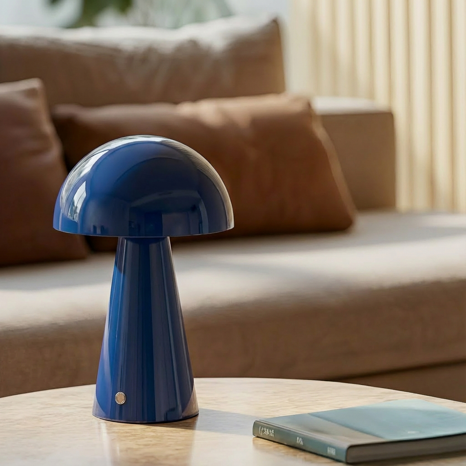 Lindby LED dobíjacia stolná lampa Nevijo, modrá, Ø20cm, USB, stmievač