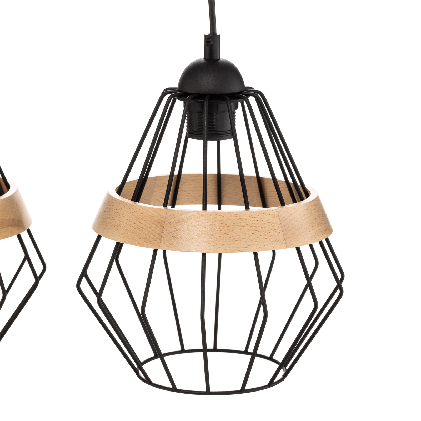 Cliff hanging light, 3 cage lampshades wooden band