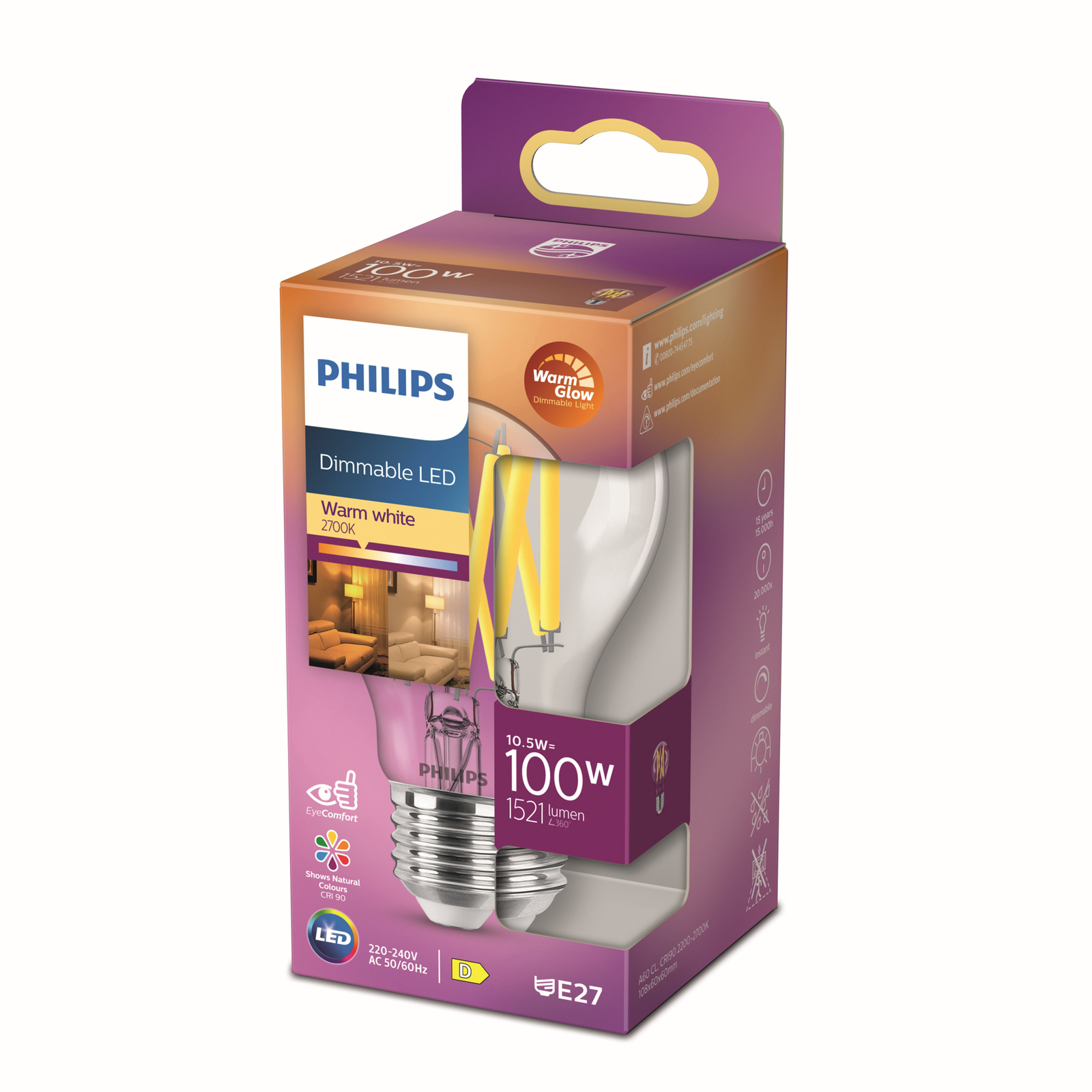 Philips LED Classic WarmGlow E27 A60 10,5W prozoren
