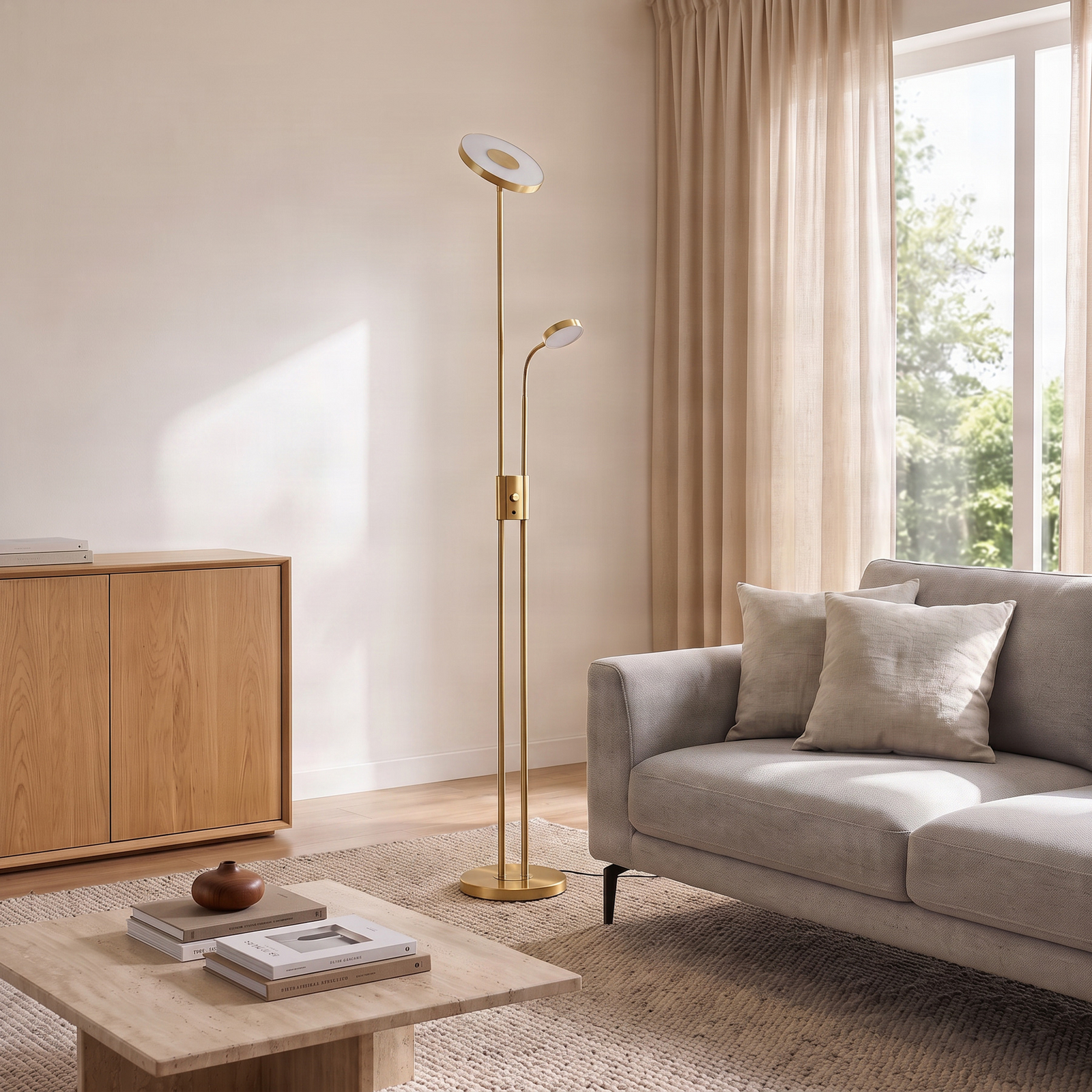 Lindby lampadaire LED Seppa, rond, laiton, métal, 180 cm Lindby lampadaire LED Seppa, rond, laiton, métal, 180 cm