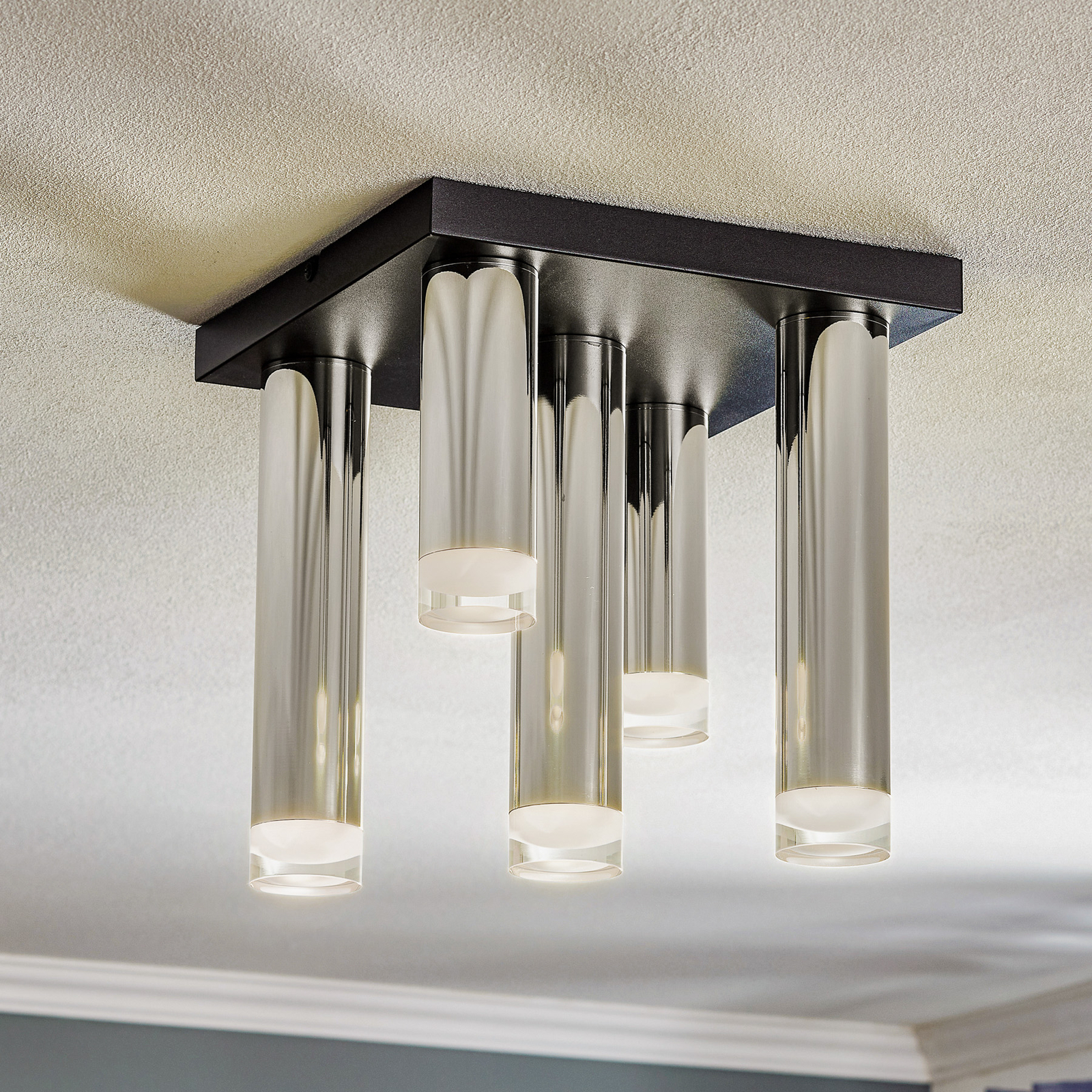 Plafondlamp Shine, 5-lamps vierkant chroom