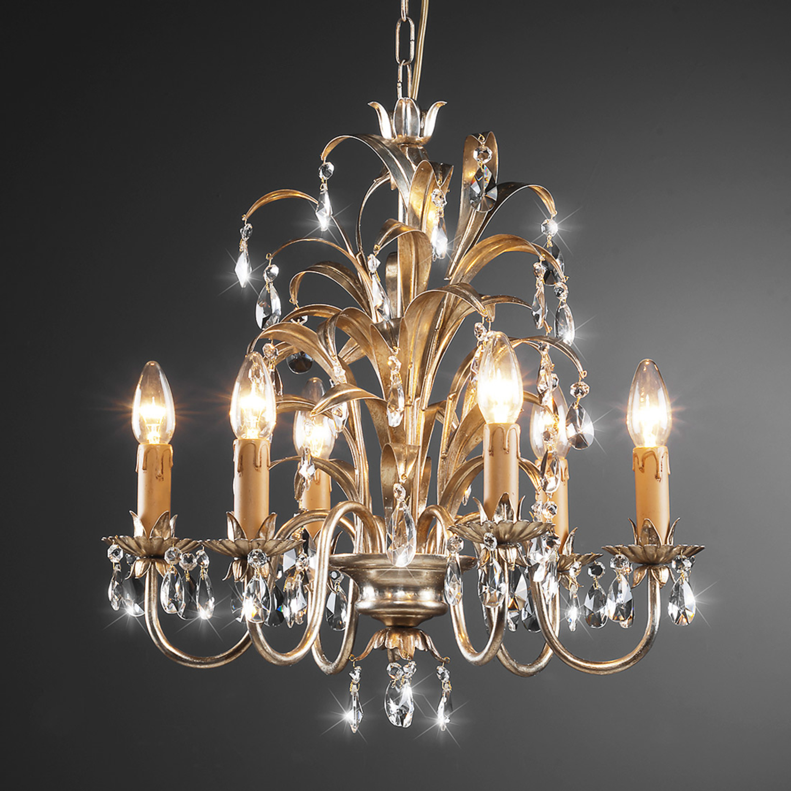 Ferro Luce Jeliza silver-coated six-bulb chandelier, for Living / Dining Room, metal silver leaf, glass, E14, 40 W, energy efficiency: A++, H: 50 cm