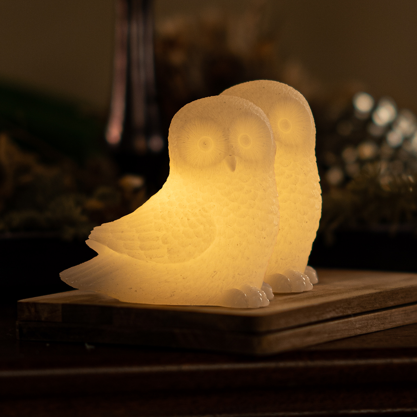 Ellen Owl LED decorative light made of wax, set of 2