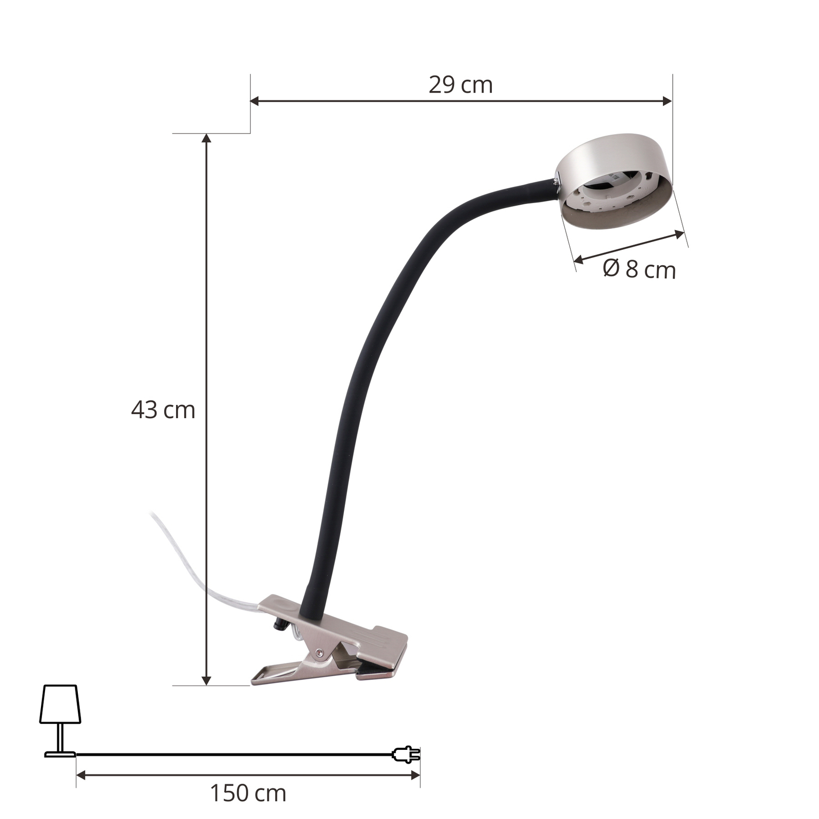 Lámpara de pinza Jyla, níquel, lente, 4200K, brazo flexible