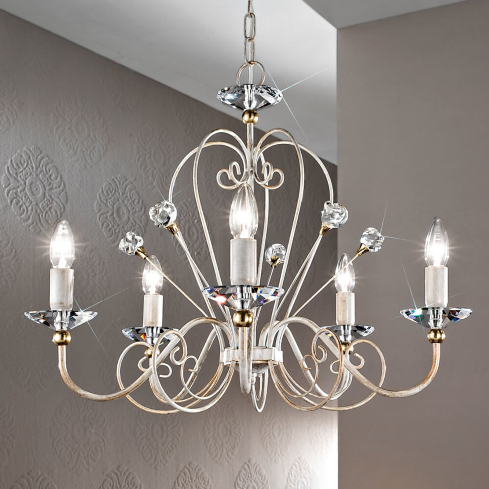 AUSTROLUX BY Kolarz Timeless chandelier Rossana, five-bulb, for Living / Dining Room, metal, crystal, E14, 40 W, energy efficiency: A++, H: 54 cm