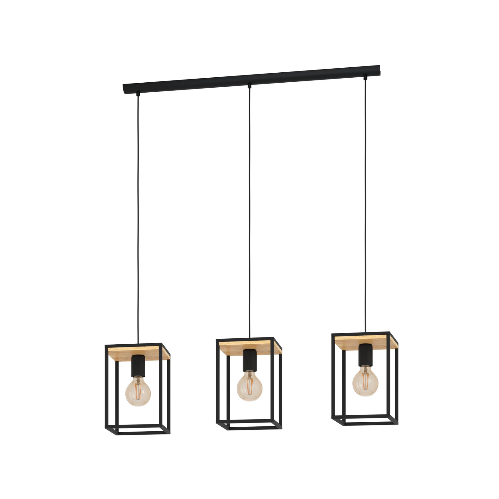 Hanglamp Libertad, lengte 88 cm, zwart/hout, 3-lamps.
