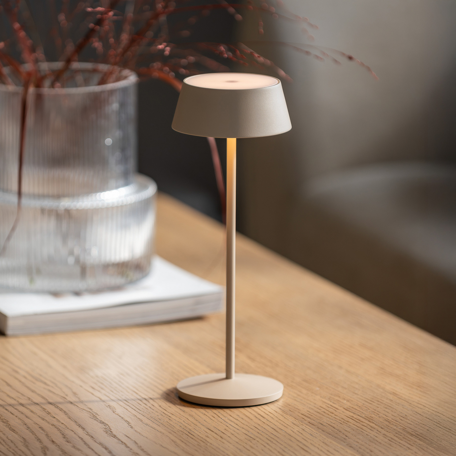 LED-akutoitega laualamp Menton, liivavärvi, kõrgus 27 cm, IP54, USB