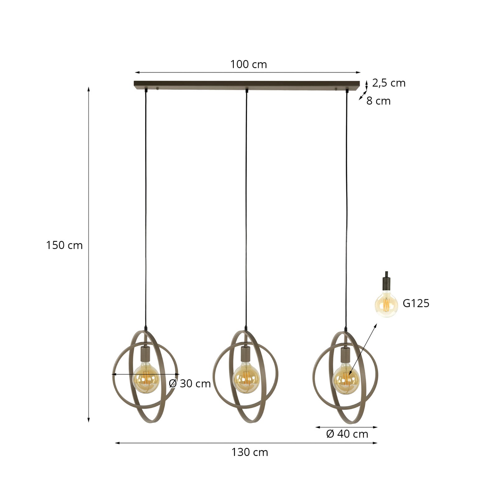 Pendellampe Turn Around, beige, 3-flammig, 130 cm, E27