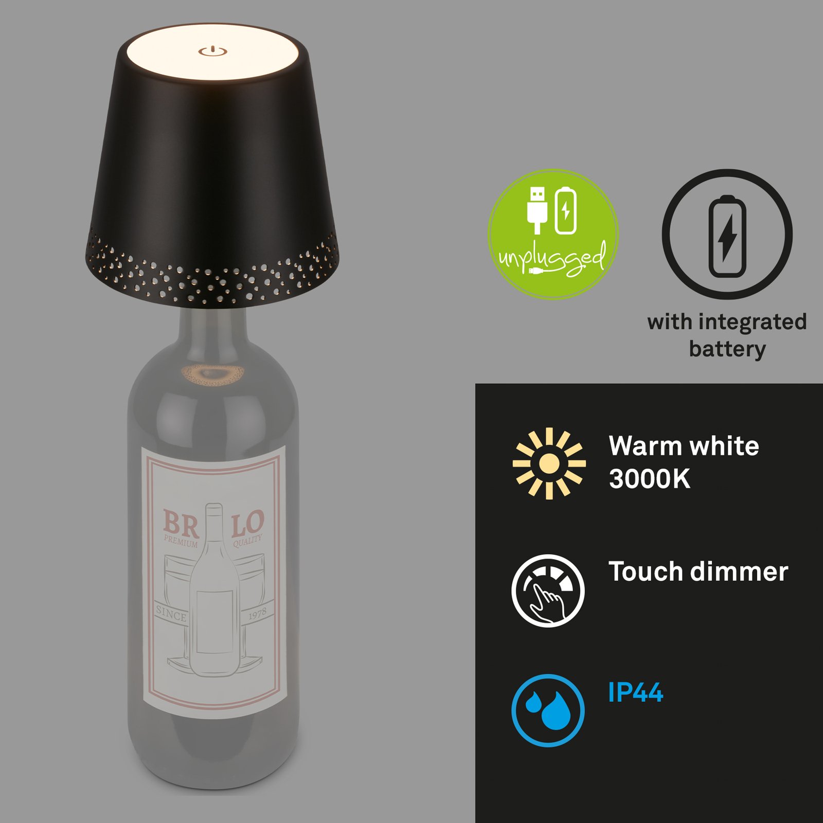 Lampe bouteille batterie LED IP44 variateur noir