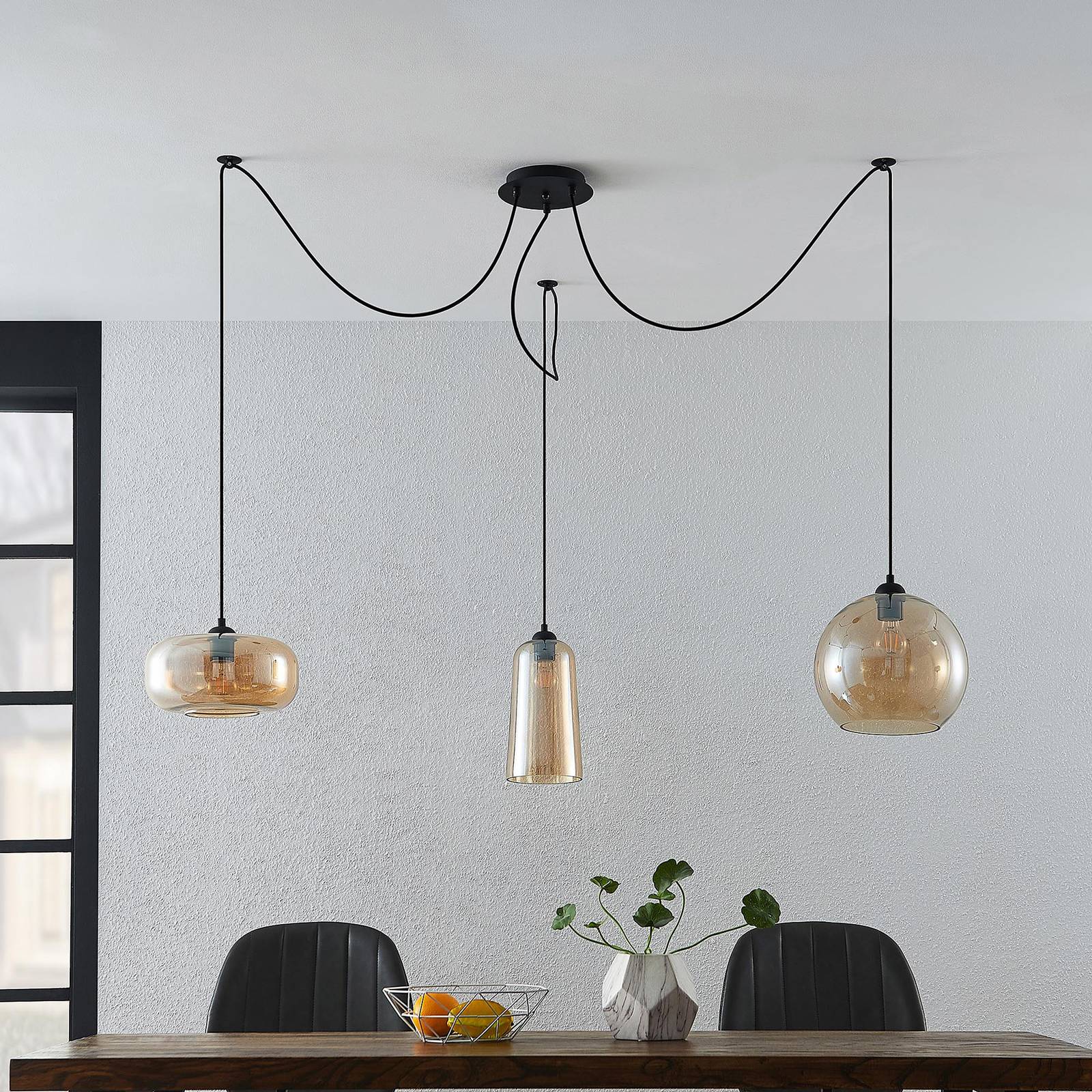Lucande Zyli hanglamp, 3-lamps, amber
