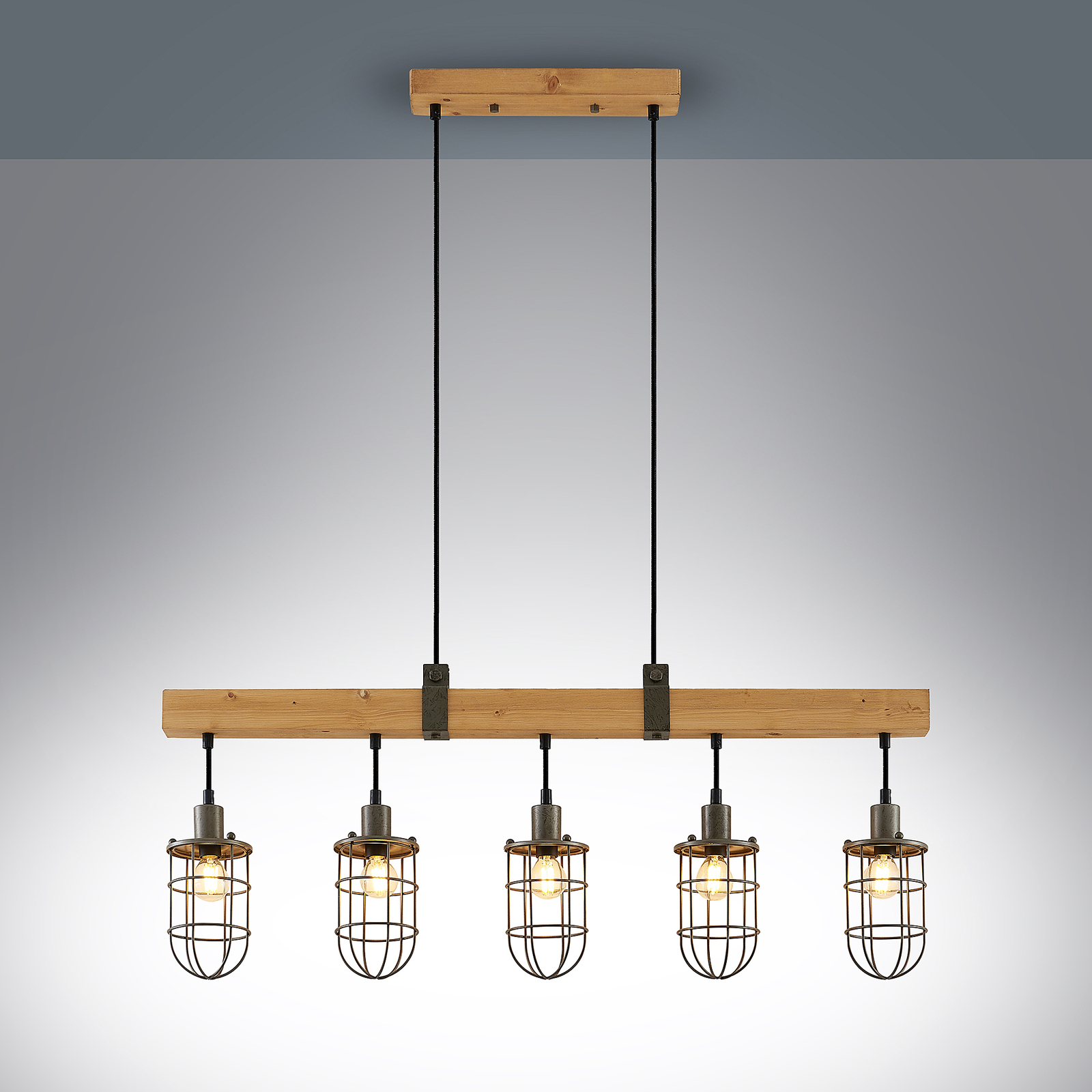 Lindby Serima hanglamp hout met 5 kooikappen