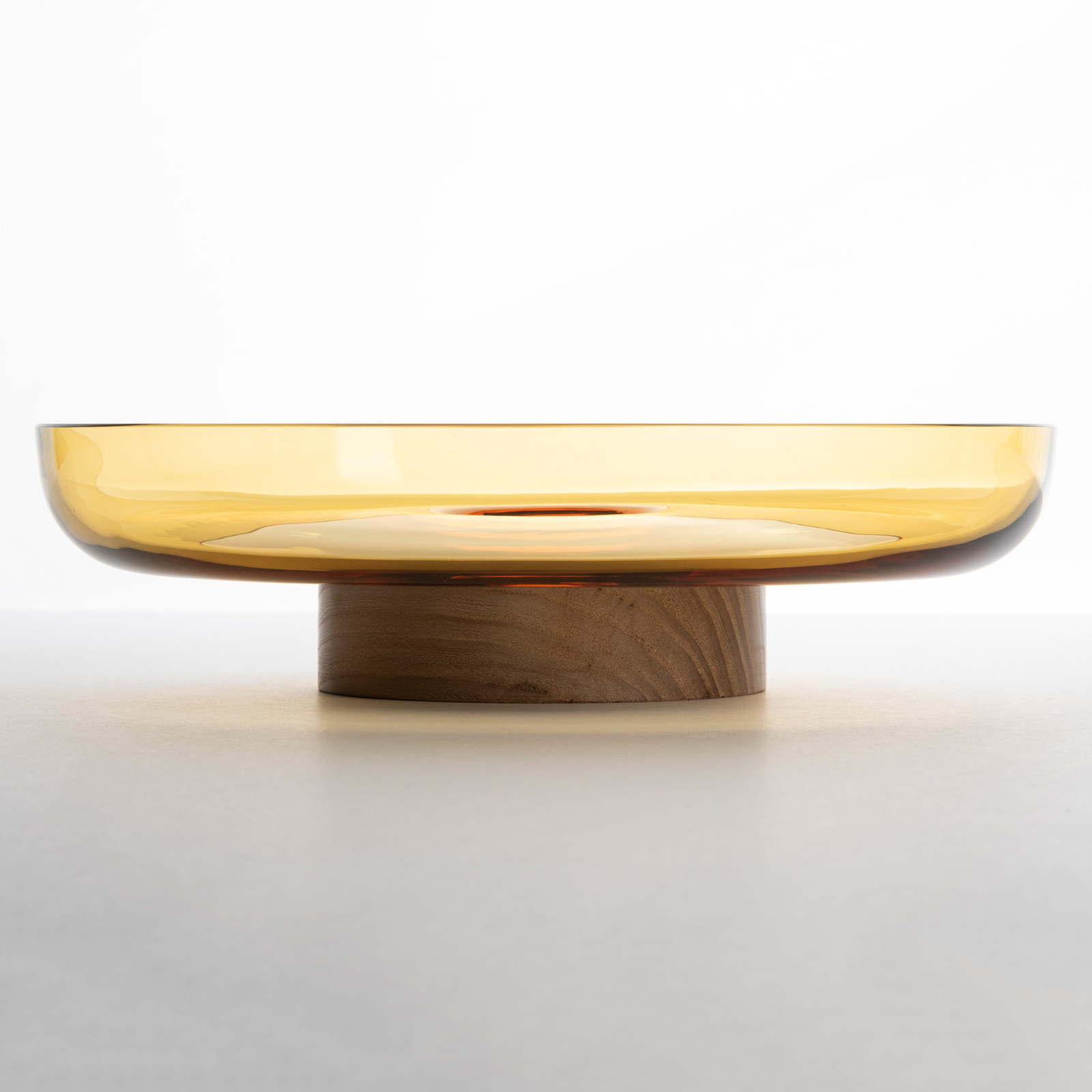 Artemide Bontà glass dish, wooden base, yellow