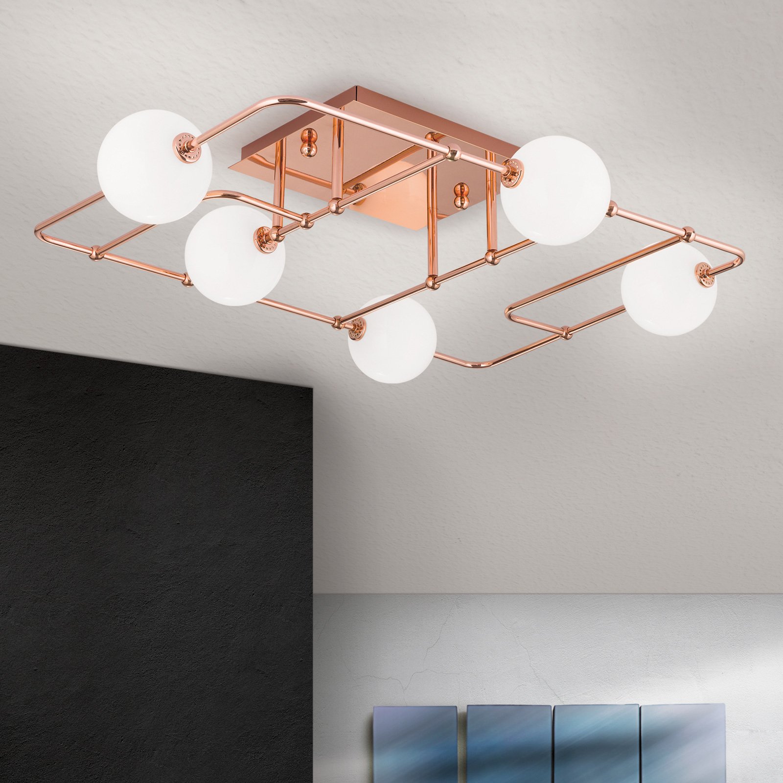 Pipes LED ceiling light in copper with glass balls