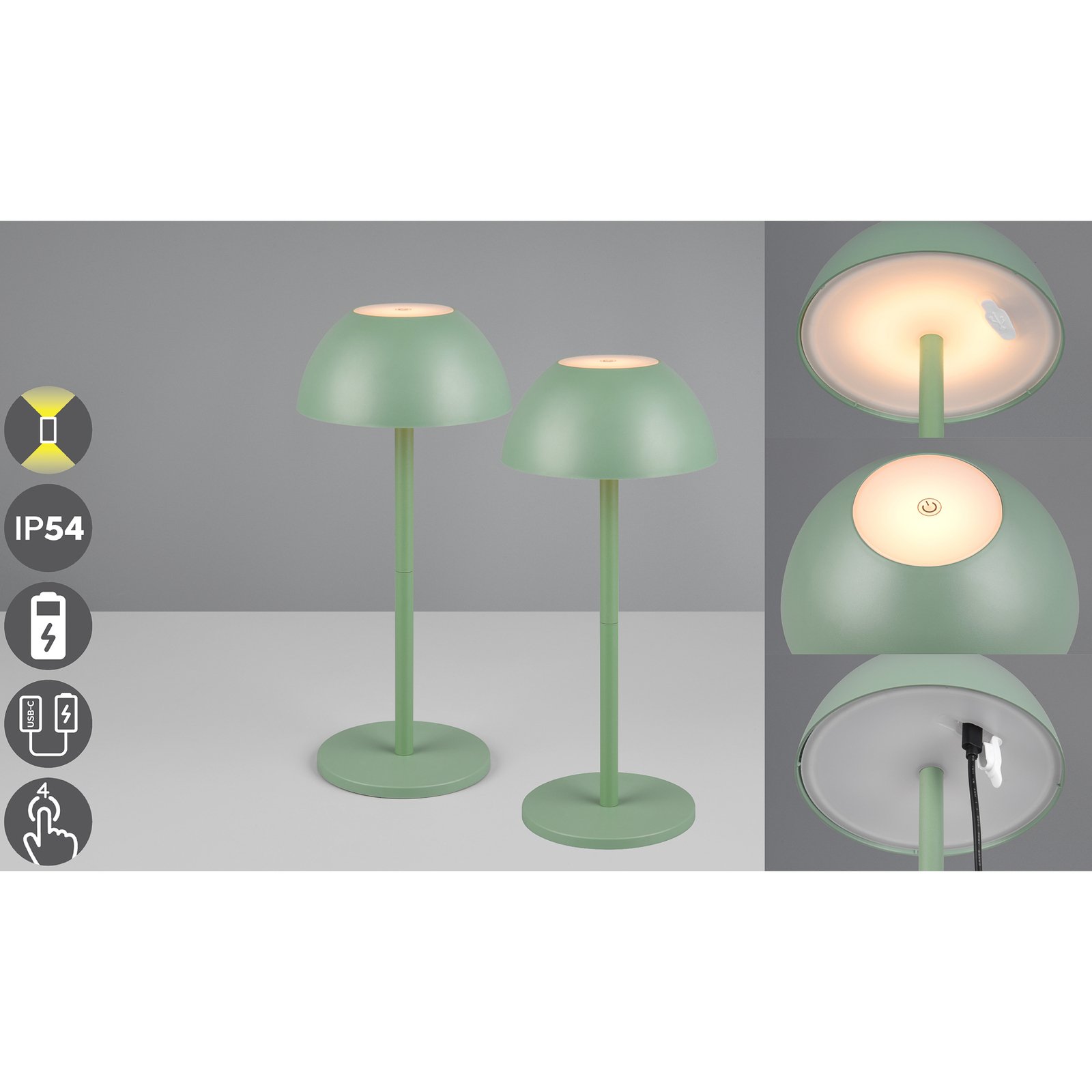 Ricardo LED oppladbar bordlampe, grønn, høyde 30 cm, plast