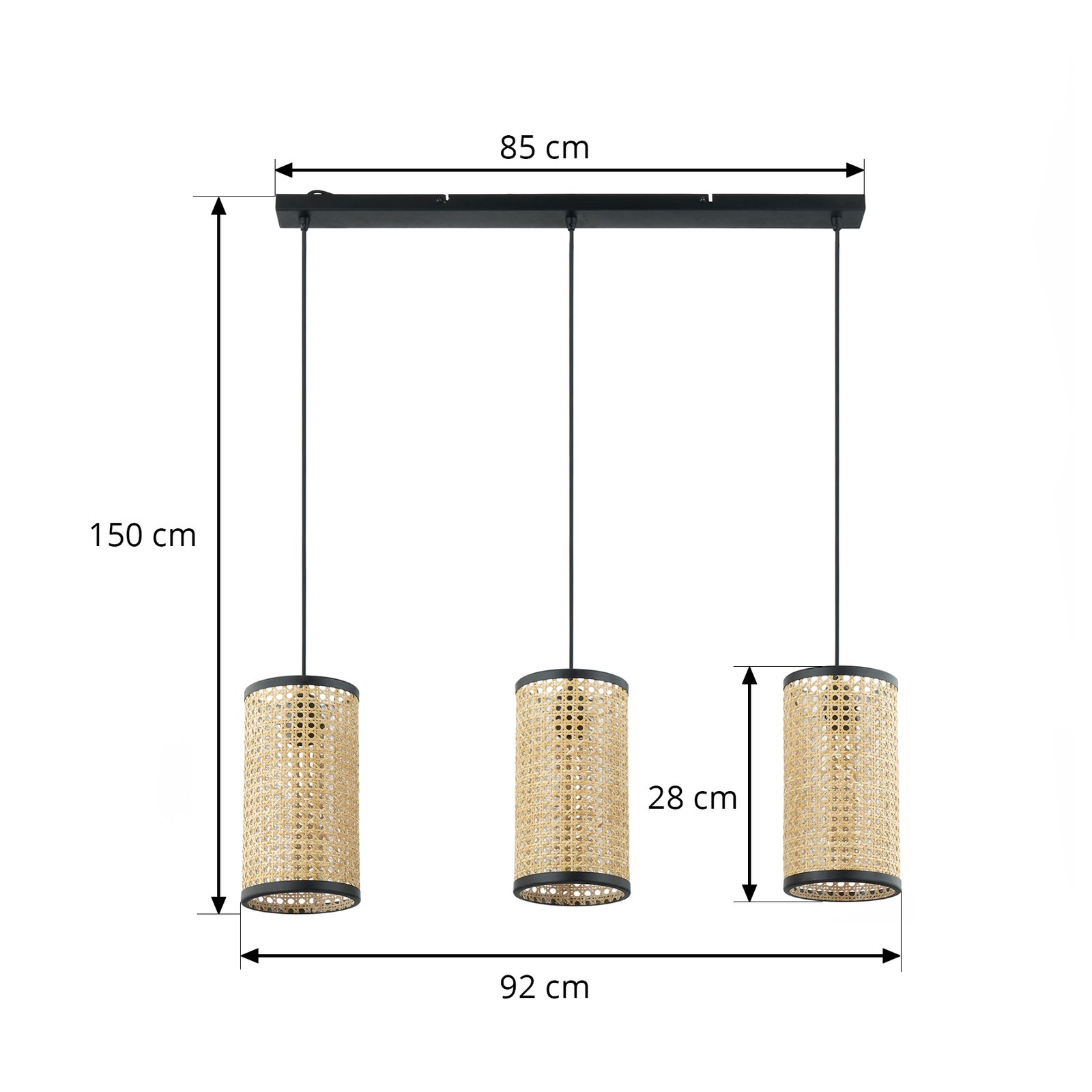 Lindby suspension Yaelle, 92 cm de long, 3 lampes, rotin, E27