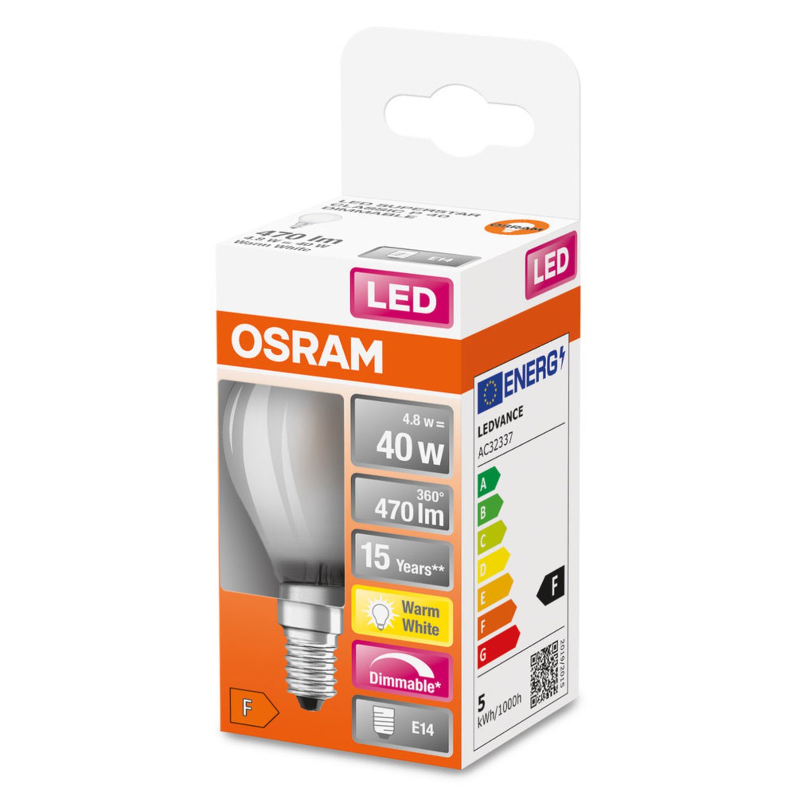 OSRAM LED-dråpepære E14 4,8 W matt 2 700 K dimbar