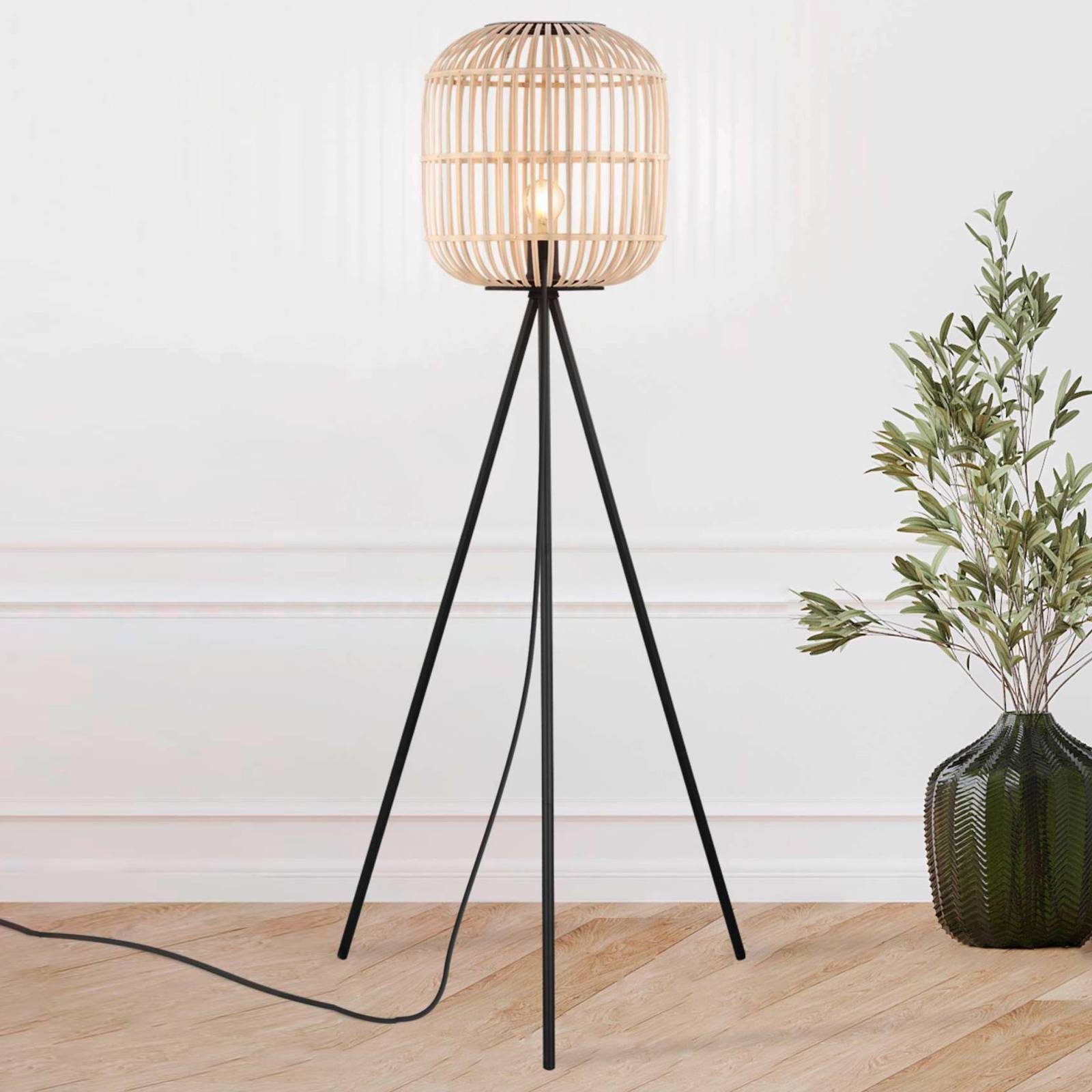 EGLO Bordesley stolní lampa, třínožka, dřevěné stínidlo