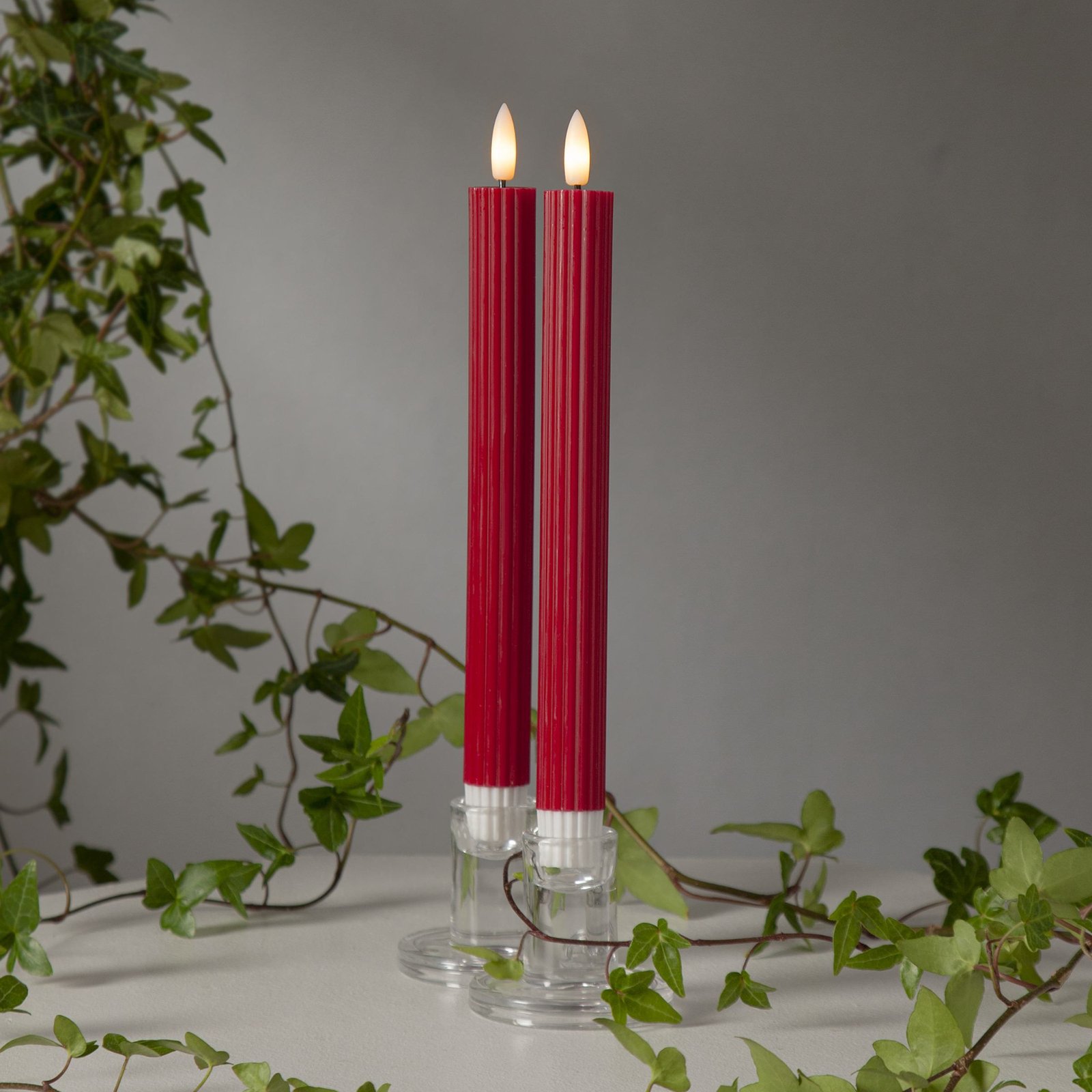 LED candle Flame strip, red, 25 cm, wax, battery set of 2