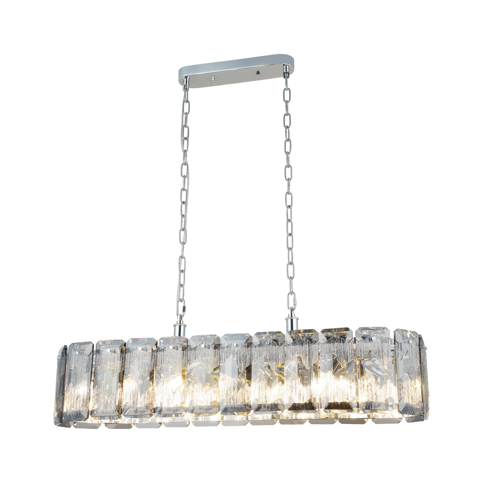 Orvin chandelier, linear, chrome, 16-light, length 96 cm, glass