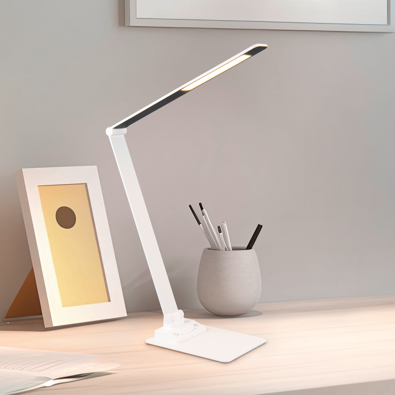 Travis LED galda lampa, balta, CCT, regulējama, skārienjūtīga, USB