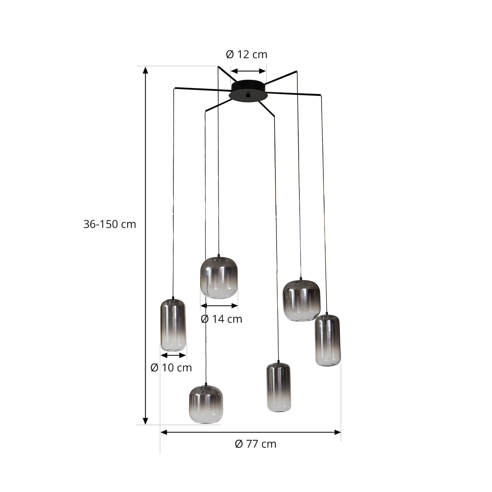 Lucande Suspension LED Avelina, gris fumé, à 6 lampes