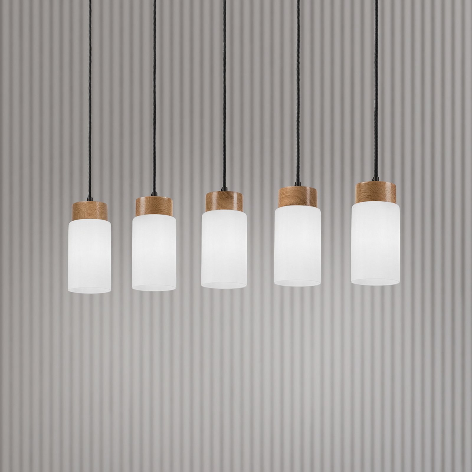 Markus pendant light, opal glass/oak wood, length 100 cm, 5-bulb.
