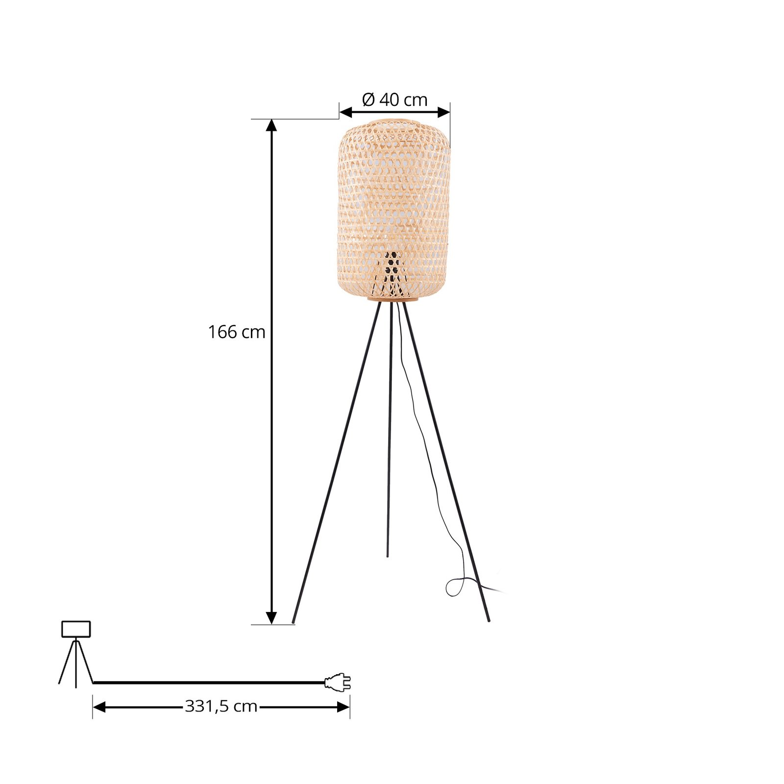 Lampa stojąca Lucande Jorick, bambus, trójnóg, wysokość 166 cm