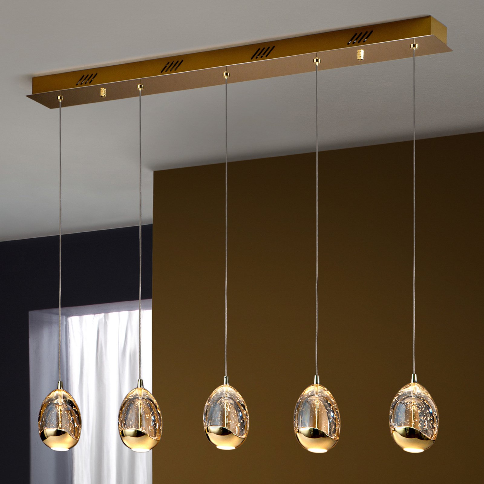 LED-pendel Rocio, 5-lys, metal, glas, guld