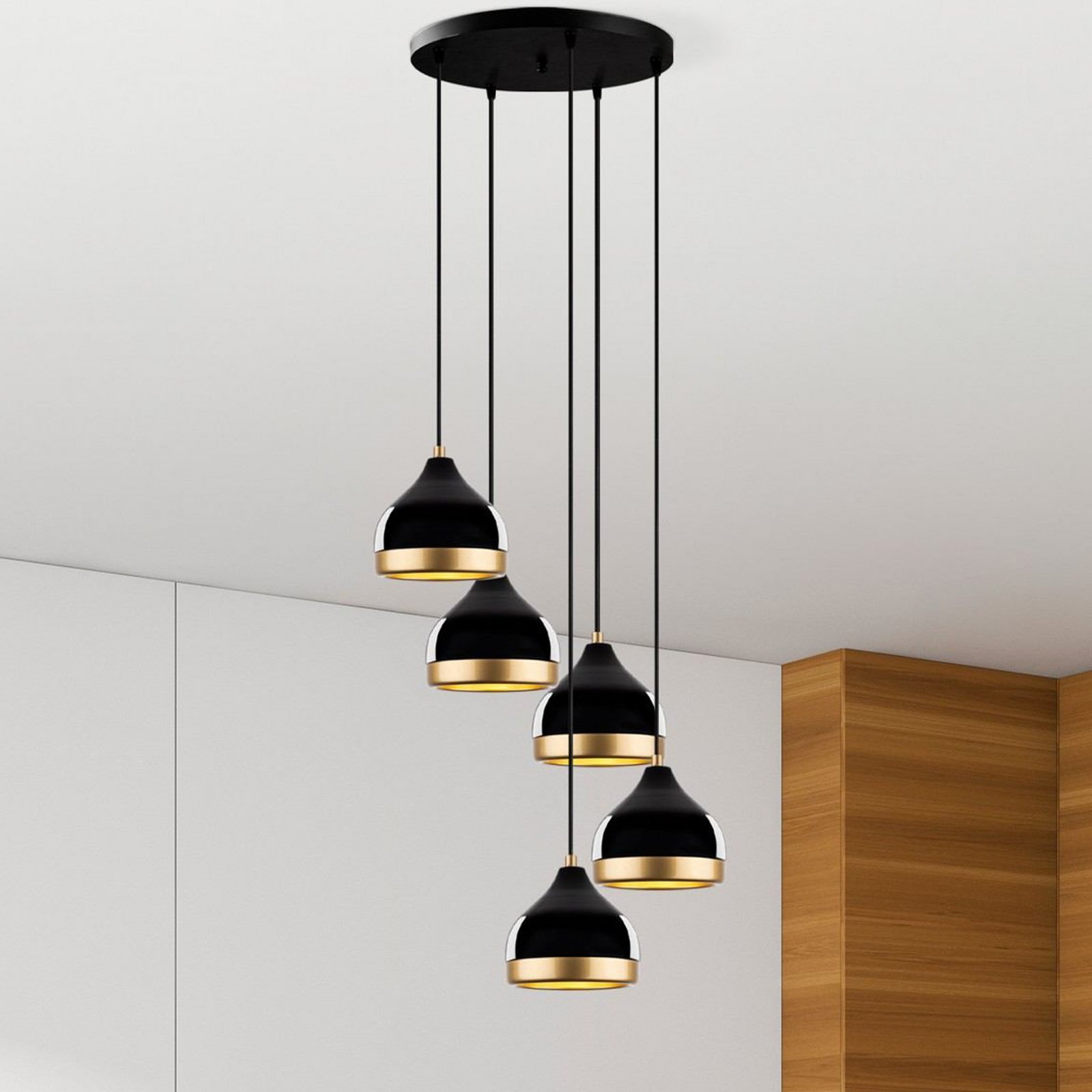 Hängeleuchte Yildo, 5-flammig, Rondell, schwarz/gold, Ø43 cm