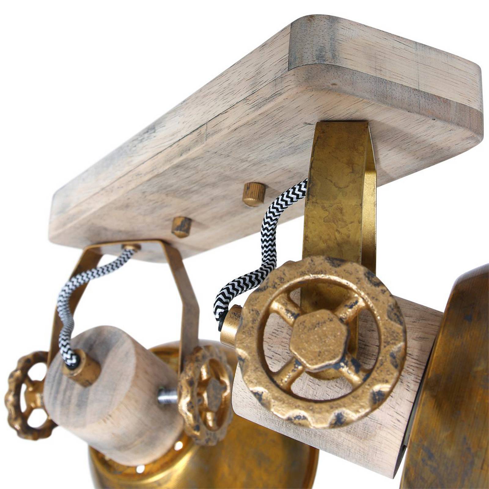 Reflektor sufitowy Gearwood, brązowy, 2-punktowy, metal, drewno, E27