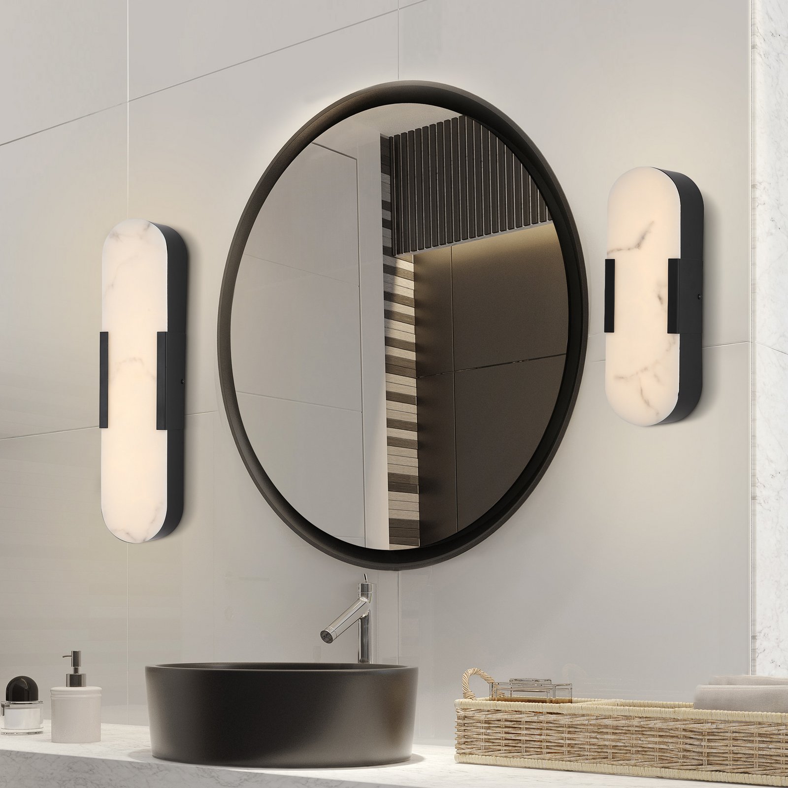 Aplique LED para baño Opaline, altura 35 cm, negro, metal/resina