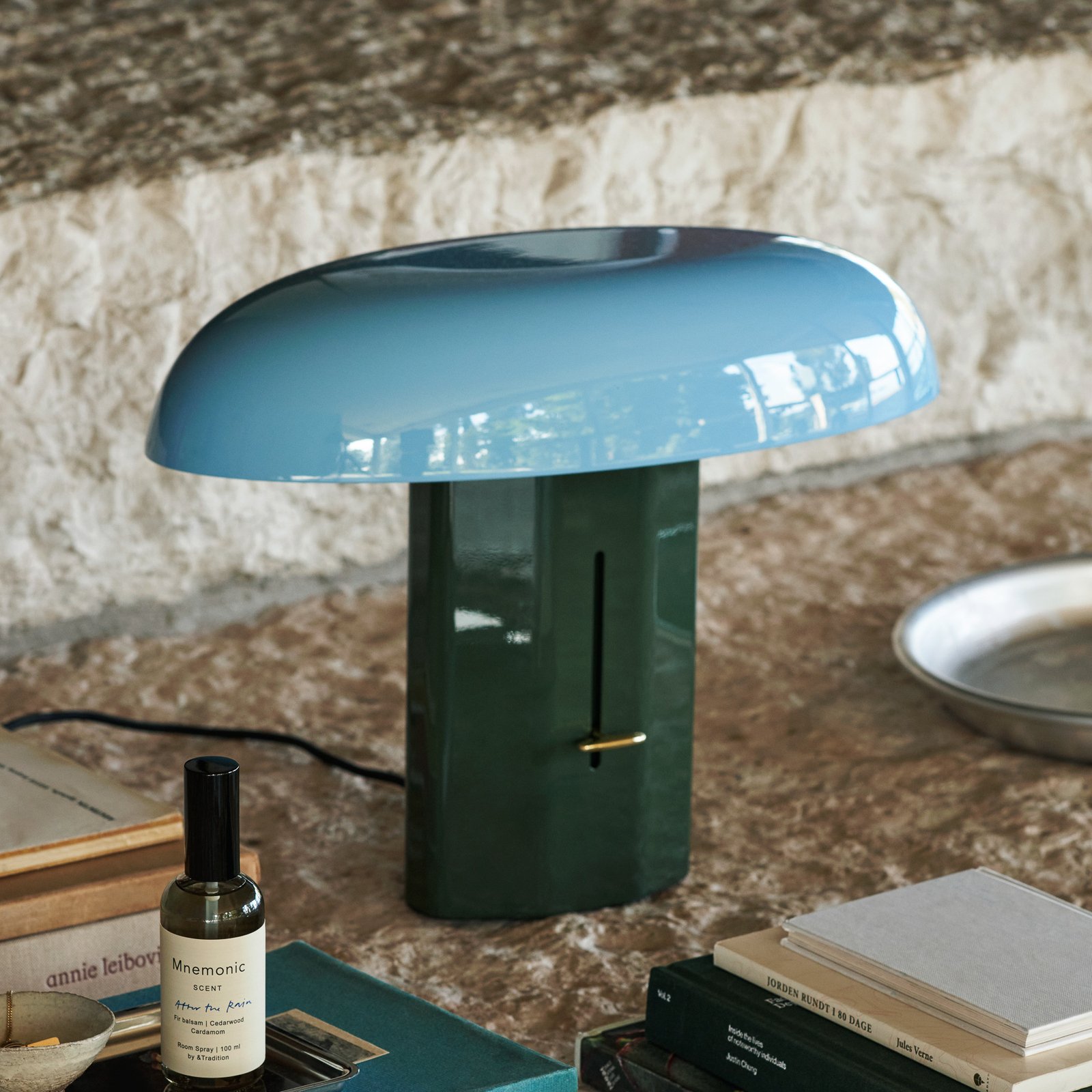 &Tradičná stolová lampa Montera JH42, lesná zelená/nebesky modrá
