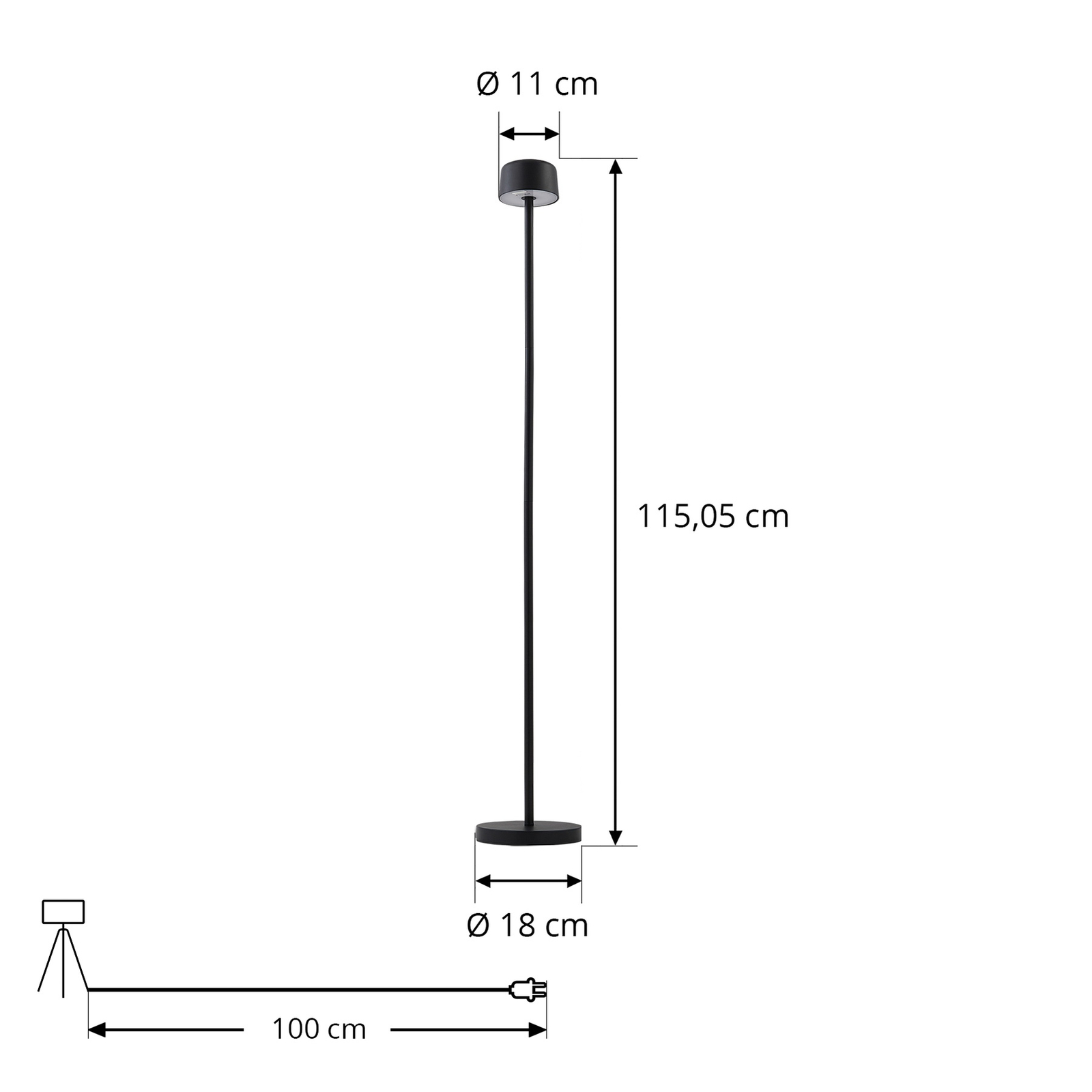 Lindby Candeeiro de pé recarregável LED Isason, preto, alumínio, Ø 11 cm