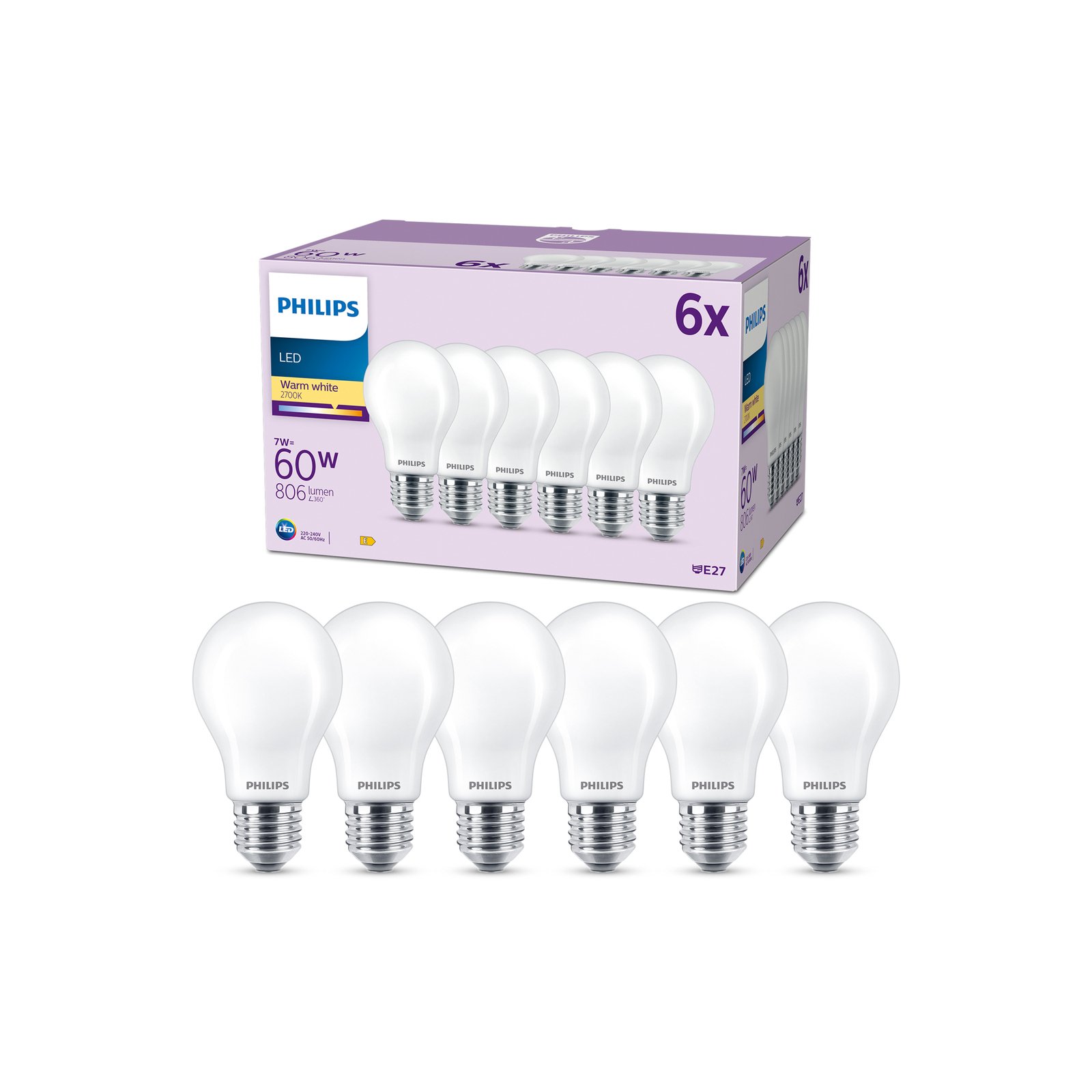 Philips ampoule LED E27 7W 806lm 2 700K mate x6