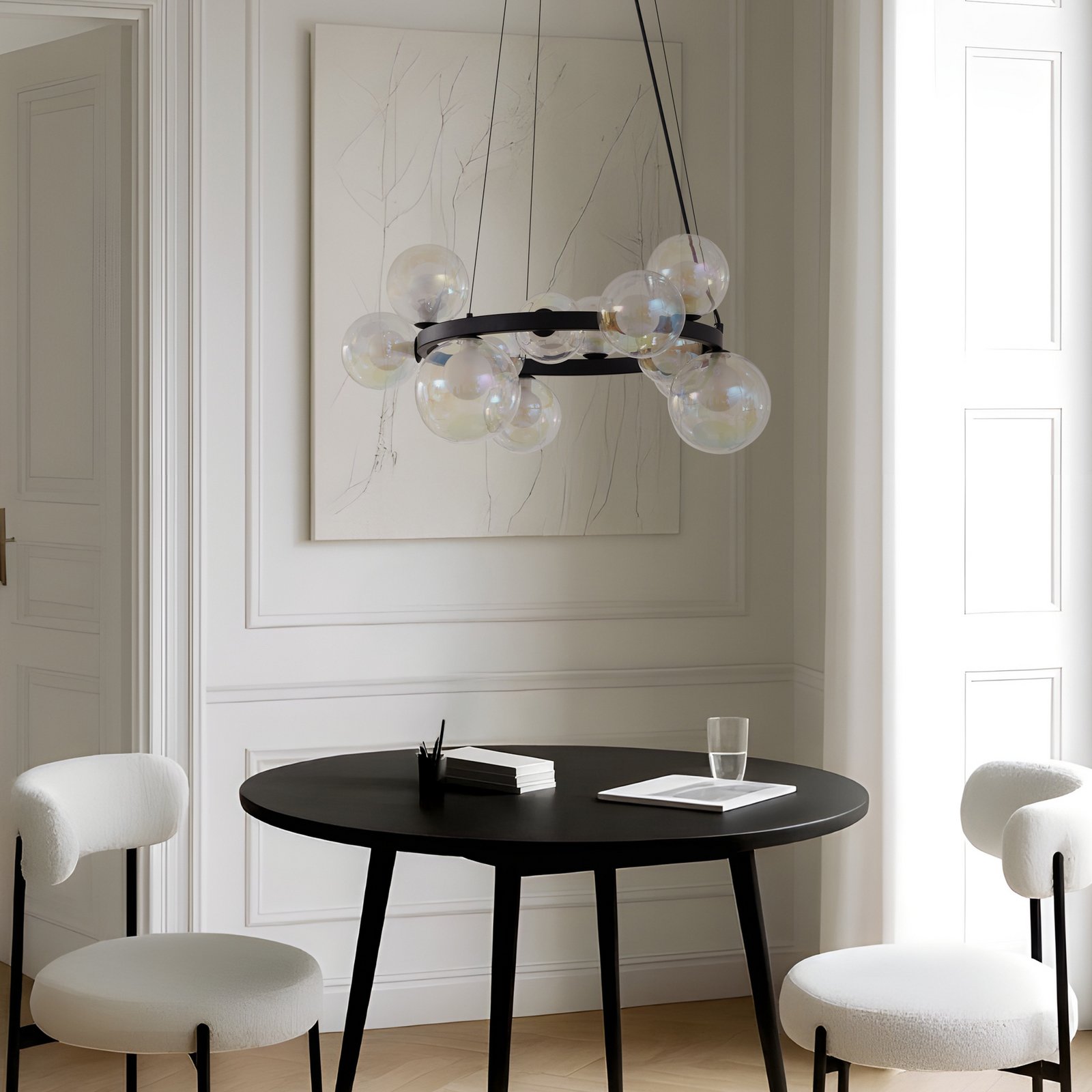 Lucande hengelampe Marvi, Ø 68 cm, svart, glass, metall