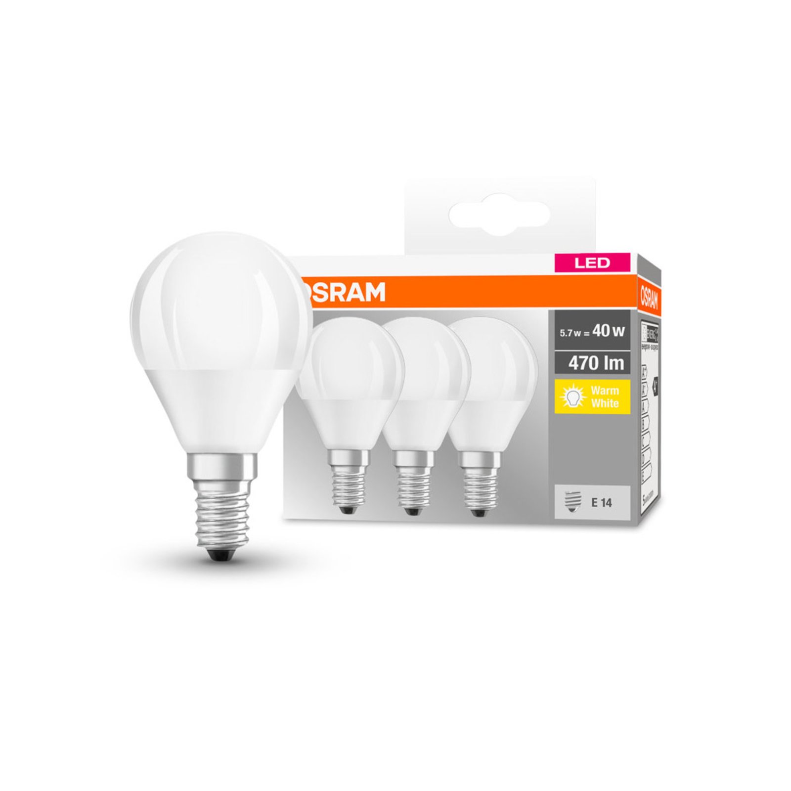 OSRAM-LED-pallolamppu E14 P40 4,9W 2700K 470lm 3x