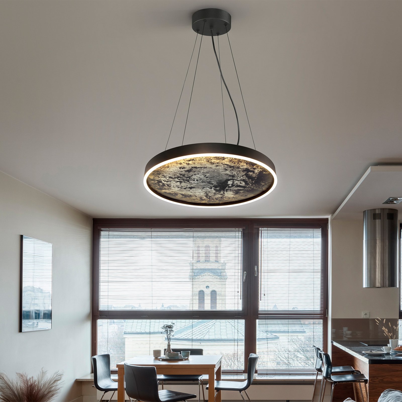 Akmens LED piekaramais gaismeklis, Ø 60 cm, CCT, melns, metāls, akrils