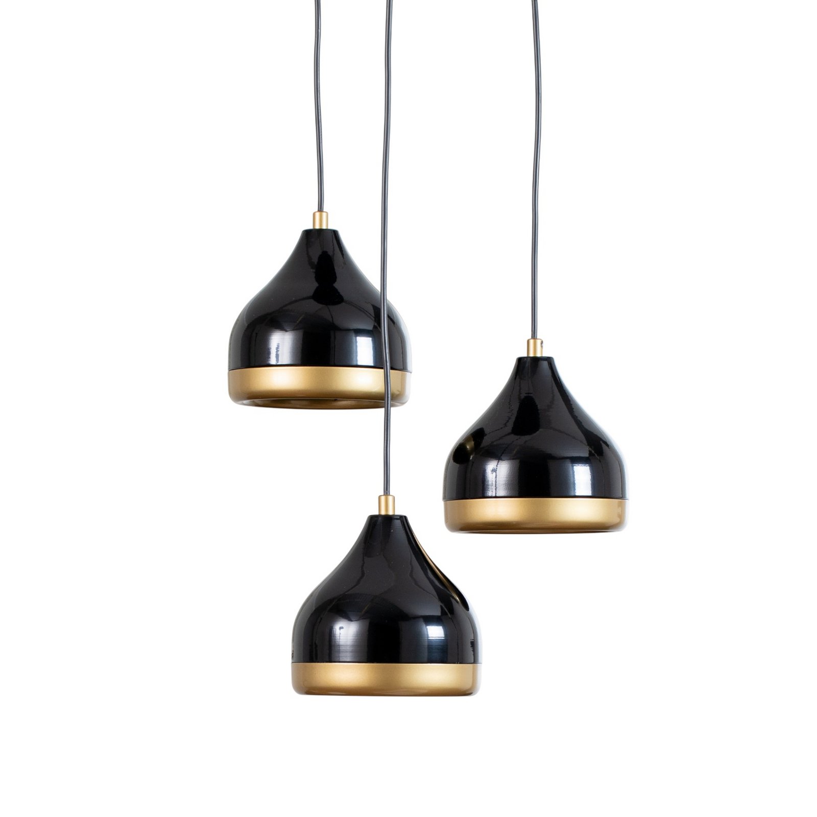 Hengelampe Yildo, 3 lyskilder, svart/gull, rund, Ø37 cm