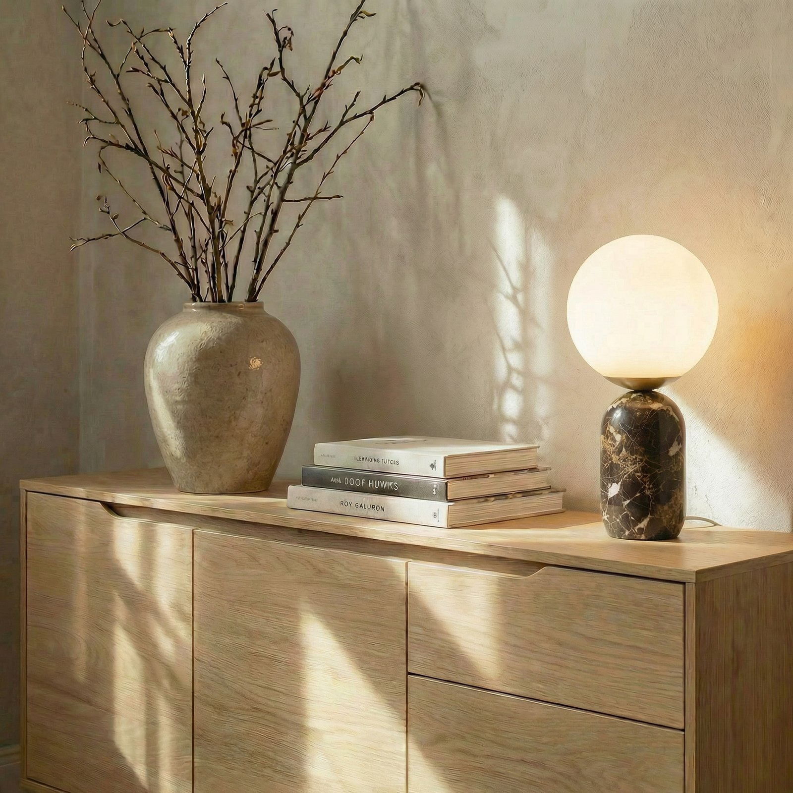 Lindby tafellamp Lennes, bruin, marmer, glas, Ø 20 cm