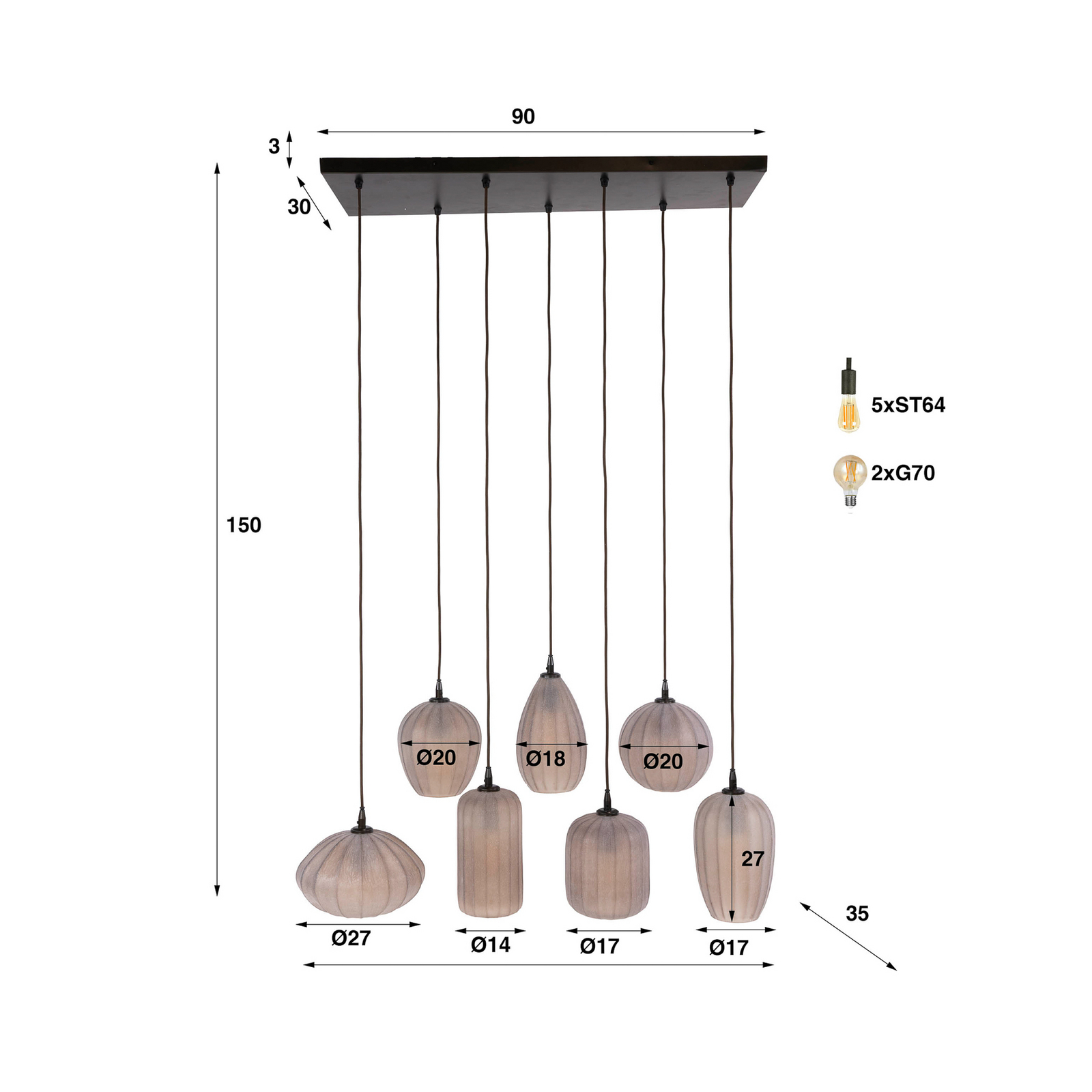 Pendelleuchte Altura, 7-flammig, 96 cm, braun, Glas, E27 Pendelleuchte Altura, 7-flammig, 96 cm, braun, Glas, E27