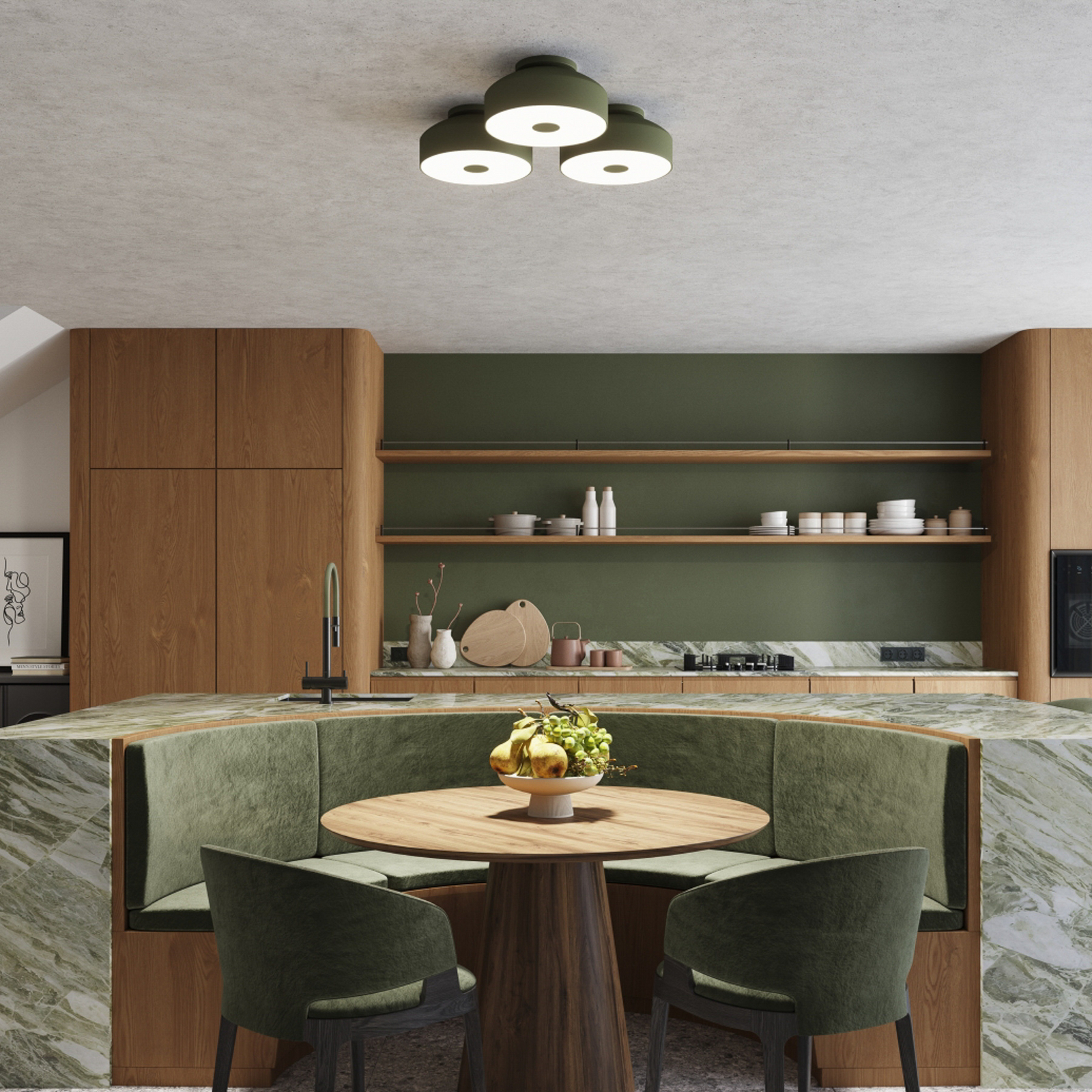 CLARO stropna svjetiljka, maslinasto zelena, Ø 30 cm metalna 4 x E27 - SOLLUX