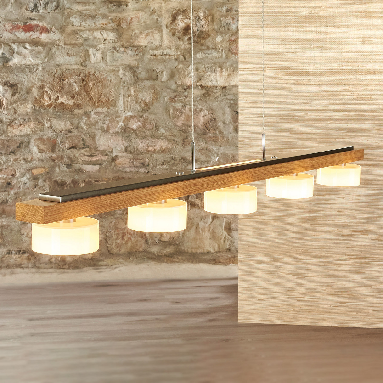 HerzBlut Lampă suspendată LED Estelle stejar uns cu ulei 6 becuri - Camera de zi / sufragerie - design - stejar uleiat nichel mat alb opal - Lemn