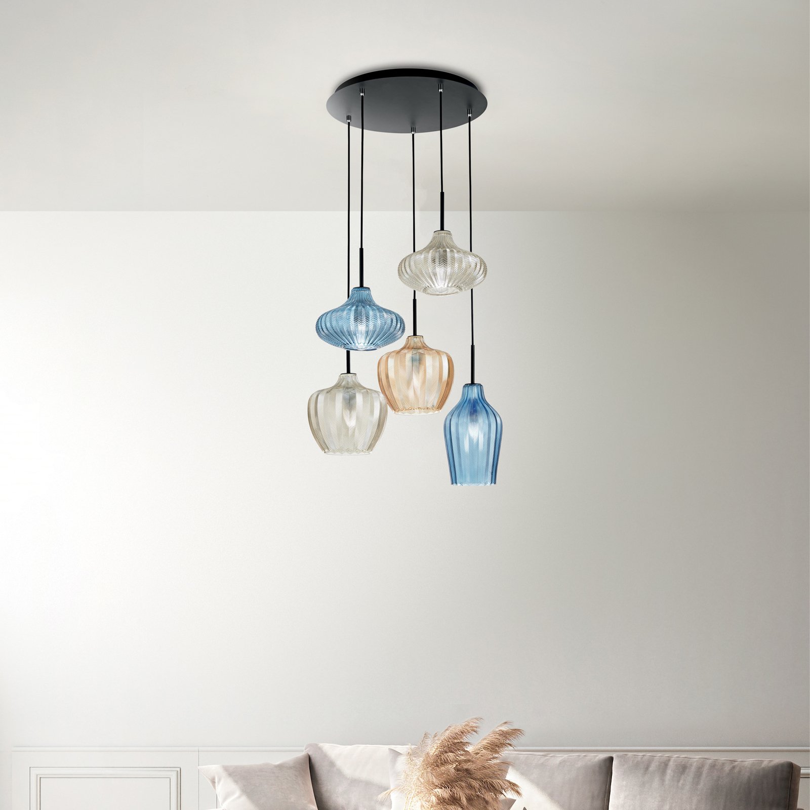 Olbia hanging light, Ø 50 cm, 5-bulb, amber/blue/beige, glass