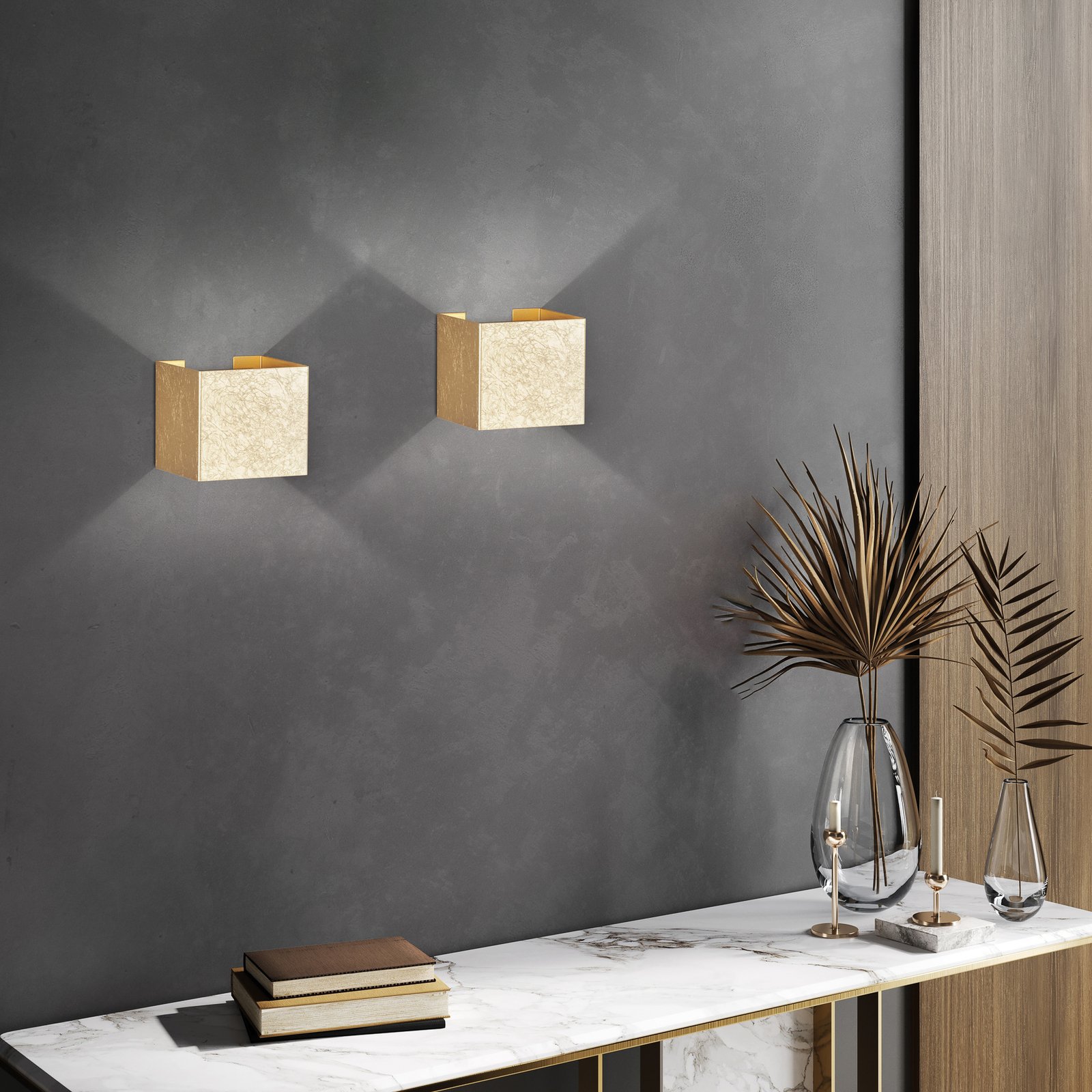 Wall LED outdoor wall light, cubic, gold leaf